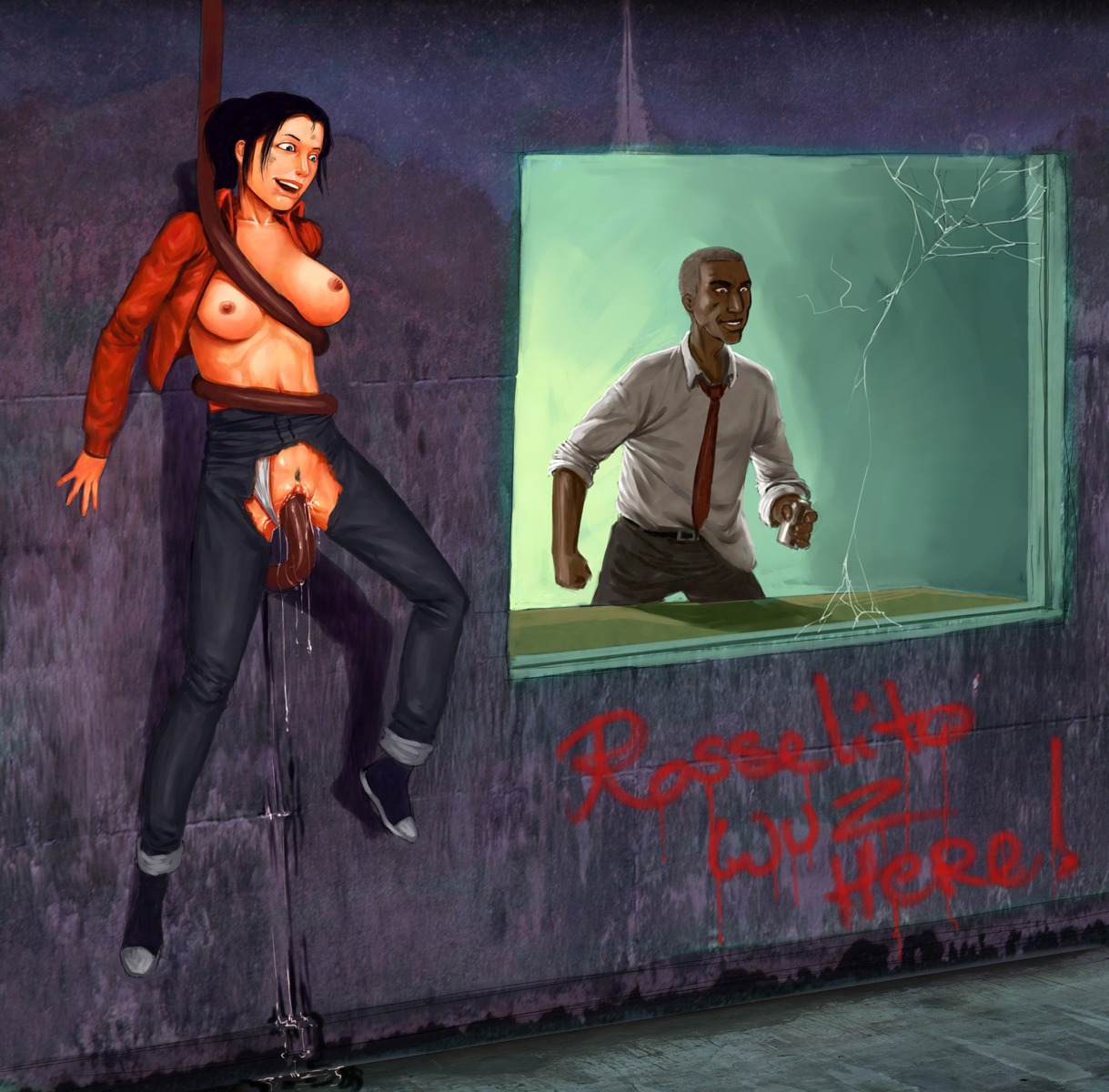 1girls 2d against_wall balls black_hair blue_eyes breasts clothed_sex clothing dark-skinned_male dark_skin dripping_wet english_text female female_penetrated happy_sex jacket jeans left_4_dead left_4_dead_(series) long_hair louis_(left_4_dead) male nipples offscreen_male open_jacket open_mouth panties panties_aside penetration pubic_hair pussy pussy_juice red_jacket rule34 sex smoker_(left_4_dead) spread_legs studio-pirrate_(rosselito) suspension tentacle tentacle_between_breasts testicles text torn_clothes torn_jeans vaginal_penetration wet wet_pussy white_panties zoey_(left_4_dead) zombie