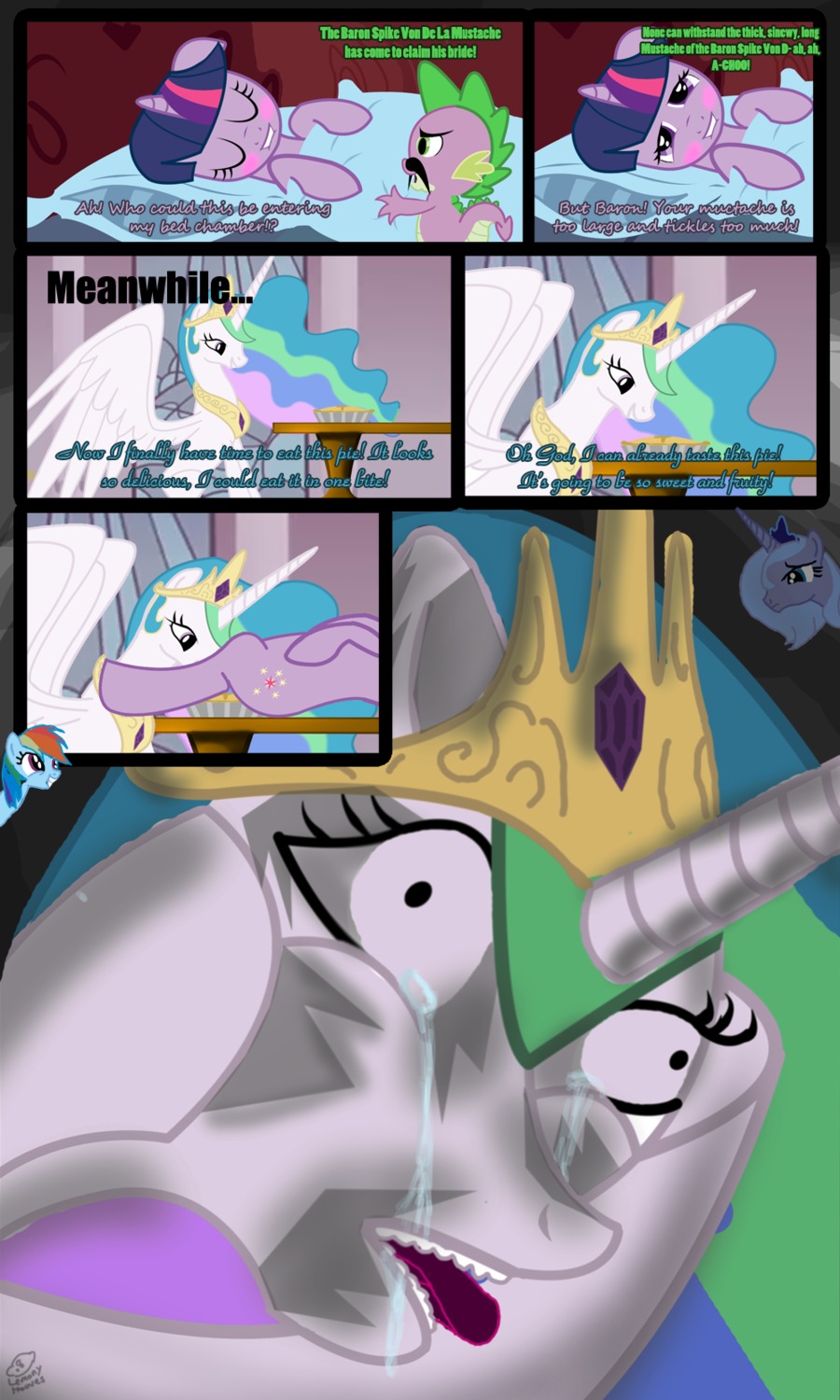 bed bedding blanket blue_body blue_feathers blue_fur blue_hair blush bodily_fluids comic crown crying cutie_mark dessert dragon e621 english_text equid equine facial_hair feathered_wings feathers female feral food friendship_is_magic fur furniture green_eyes group hair hasbro headgear hi_res horn humor ill lemonyhooves male mammal multicolored_hair mustache my_little_pony mythological_creature mythological_equine mythological_scalie mythology oops pastry pie pink_eyes princess princess_celestia_(mlp) princess_luna_(mlp) purple_body purple_eyes purple_fur purple_hair rainbow_dash_(mlp) rainbow_hair royalty scalie sneeze spike_(mlp) suggestive table tail tears teleportation text twilight_sparkle_(mlp) two_tone_hair unicorn vaginal white_body white_feathers winged_unicorn wings wtf_face
