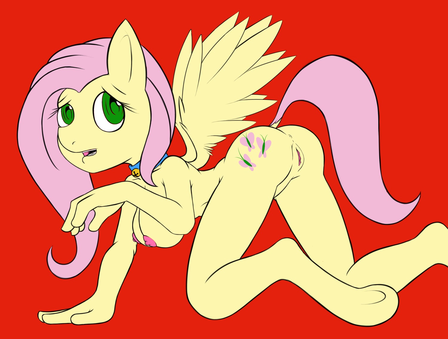 abstract_background all_fours anthro anthrofied anus aod23 biped breasts butt clitoris collar cutie_mark e621 equid equine feathered_wings feathers female fluttershy_(mlp) friendship_is_magic fur genitals green_eyes hair hasbro hi_res hooves long_hair looking_back mammal my_little_pony mythological_creature mythological_equine mythology nipples nude open_mouth pegasus pink_hair presenting raised_tail rear_view red_background simple_background solo tail underhoof vulva wings yellow_body yellow_feathers yellow_fur