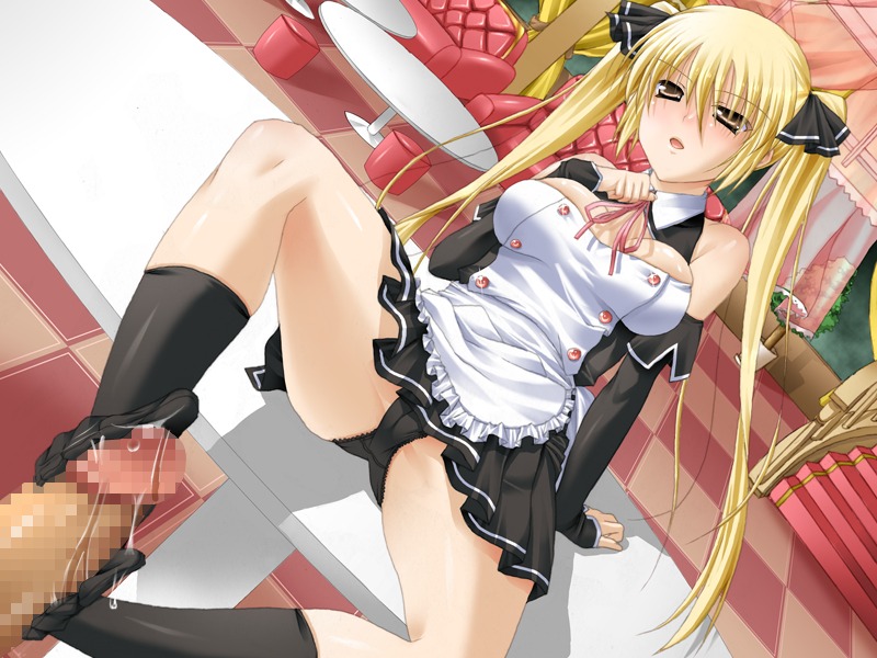 artist_request big_breasts black_panties black_socks blonde_hair blush breasts cameltoe censored cleavage clothed_female feet female footjob footjob_with_legwear footwear large_breasts long_hair maid maid_uniform male mian_(dream_c_club) mosaic_censoring panties penis pussy rule34 sitting skirt sockjob socks source_request thighs toes twintails