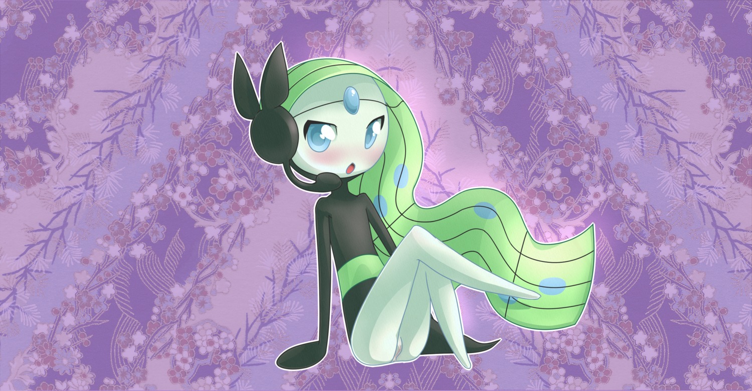 2014 :o barefoot butt e621 feet female generation_5_pokemon genitals green_hair hair hi_res humanoid legendary_pokemon letterbox long_hair looking_at_viewer meloetta meloetta_(aria_form) mindmusic nintendo not_furry nude open_mouth pokemon pokemon_(species) sitting solo tongue vulva