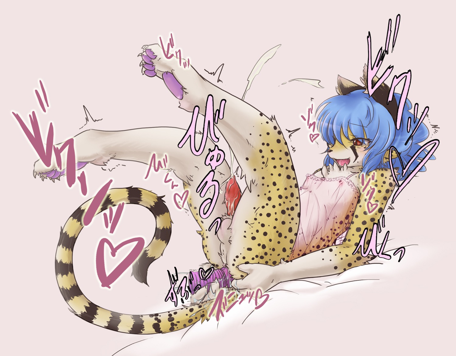 2011 4_toes anal anal_masturbation anal_orgasm anal_penetration anthro backsack balls biped blue_hair bodily_fluids bottomless butt cheetah claws clothed clothing crossdressing cum cum_while_penetrated cumshot dildo e621 ejaculation erection feet felid feline femboy genital_fluids genitals hair hands-free heart_symbol japanese_text lala_(urekemo) male mammal markings masturbation orgasm pawpads paws penetration penis roy_(urekemo_lala) sex_toy solo spots striped_markings striped_tail stripes tail tail_markings tapering_penis text toes toying_self urekemo