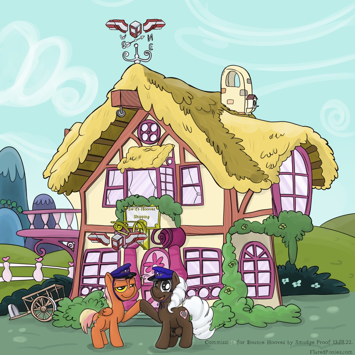 1:1 2013 brown_body brown_fur clothing cloud cutie_mark digital_media_(artwork) duo e621 english_text equid equine fan_character feathered_wings feathers female feral fur gynomorph hair hasbro hat headgear headwear hi_res intersex looking_at_viewer mammal multicolored_hair my_little_pony mythological_creature mythological_equine mythology outside pegasus ponyville sky smudge_proof teats text white_hair wings yellow_eyes
