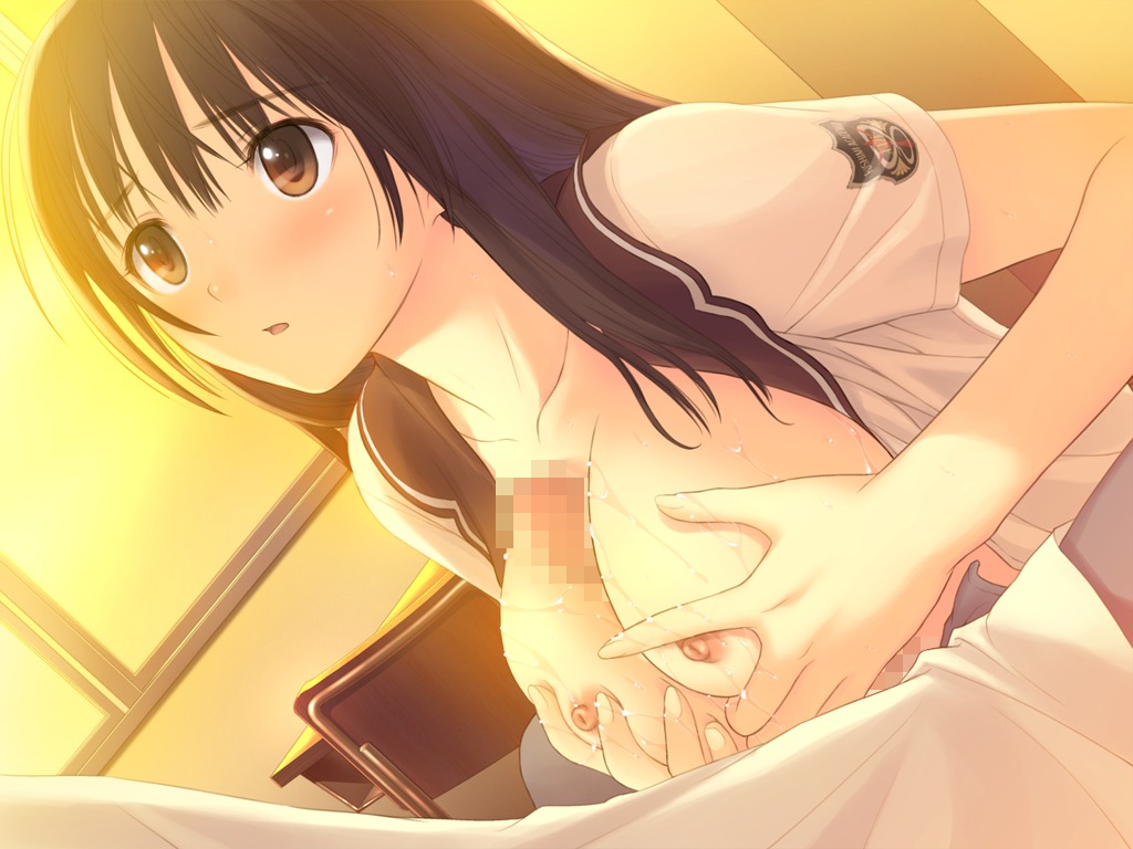 1boy 1girls black_hair breasts censored fault!! female game_cg male nipples paizuri penis rule34 saeki_ai seifuku straight taka_tony wet