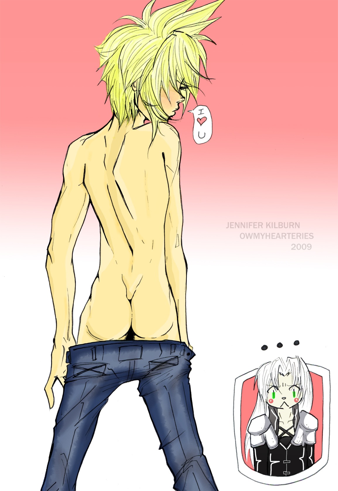 2009 ass blush clothes cloud_strife color final_fantasy final_fantasy_vii human jennifer_kilburn male male_only multiple_males rule34 sephiroth smooth_skin topless yaoi