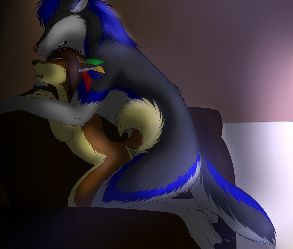 akita akita_inu anthro black_body black_fur blue_body blue_fur blue_hair breath brown_body brown_fur brown_hair canid canine canis curled_tail domestic_dog dominant duo e621 eyes_closed feathers female from_behind_position fur furniture hair hashire hashire_(character) hybrid inside larger_dom larger_male light male male/female mammal nude panting sex side_view simple_background size_difference smaller_female sofa spitz tail tongue wolf zekestar
