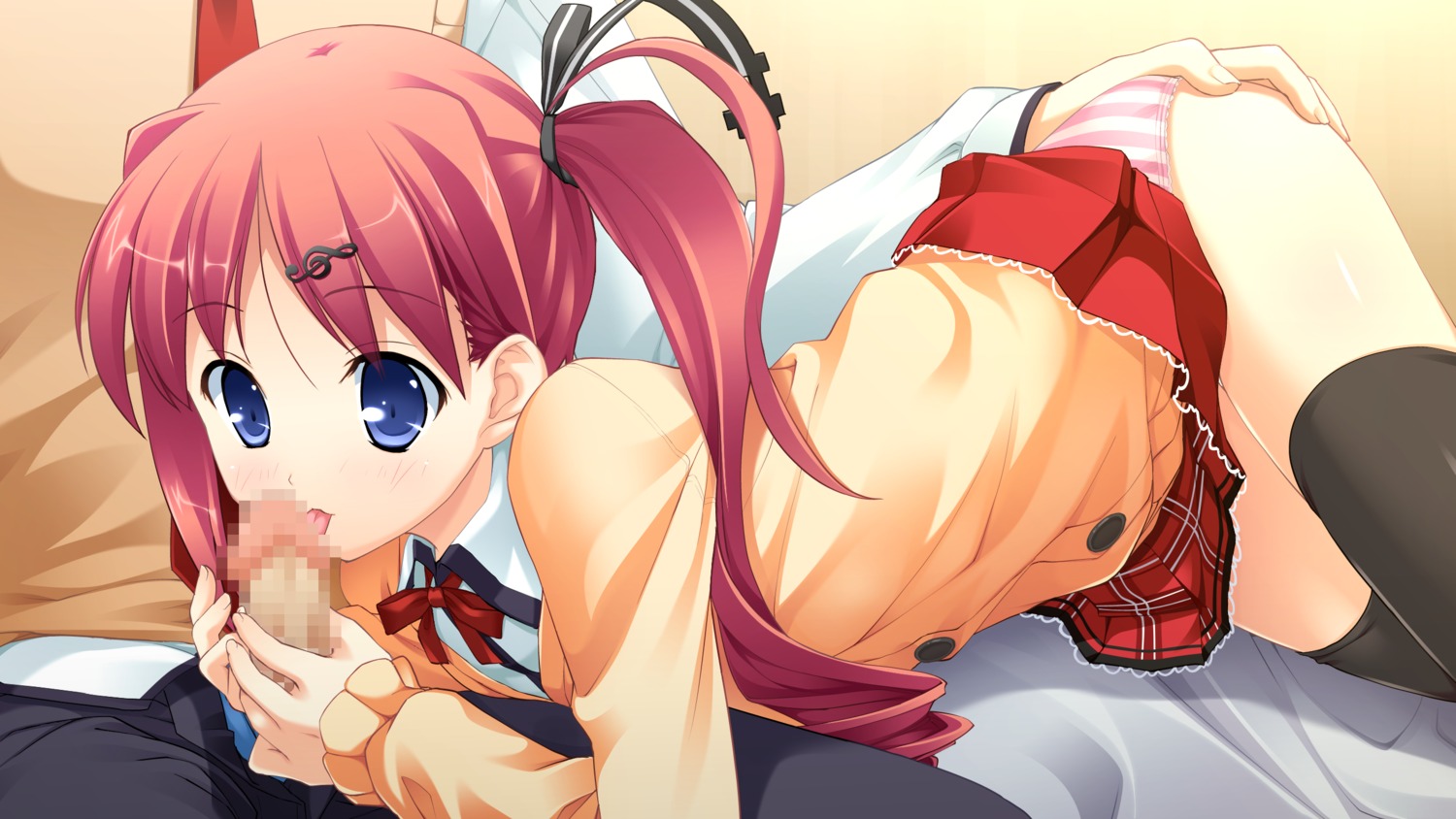 ass ass_grab bed blue_eyes censored fellatio female game_cg hair highres licking male nonomiya_ai oral panties penis pink_hair rule34 school_uniform seifuku shunki_gentei_poco_a_poco side_ponytail striped striped_panties takoyaki_(artist) thighhighs underwear
