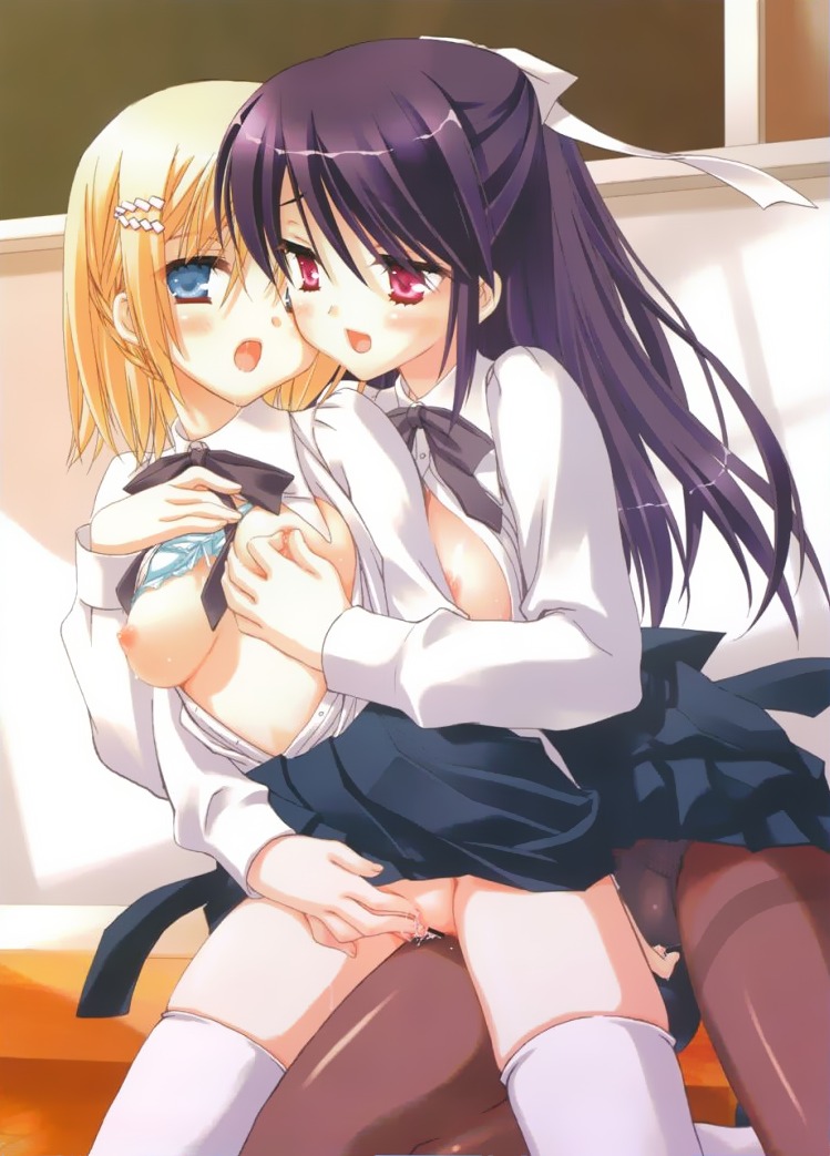 blonde_hair blue_eyes bra bra_lift breast_grab breasts copyright_request female fingering kobuichi lingerie long_hair multiple_females multiple_girls nipple_tweak nipples open_clothes open_shirt pantyhose purple_hair red_eyes ribbon ribbons rule34 school_uniform shirt short_hair skirt straight_hair thighhighs underwear yuri