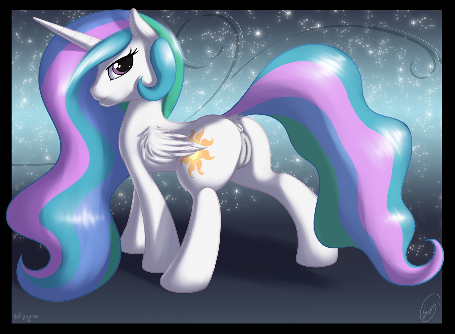 anus butt cutie_mark e621 equid equine feathered_wings feathers female feral friendship_is_magic genitals hair hasbro hi_res horn looking_at_viewer mammal multicolored_hair my_little_pony mythological_creature mythological_equine mythology nude presenting presenting_hindquarters princess princess_celestia_(mlp) purple_eyes royalty skipsy solo tail vulva white_body white_feathers winged_unicorn wings