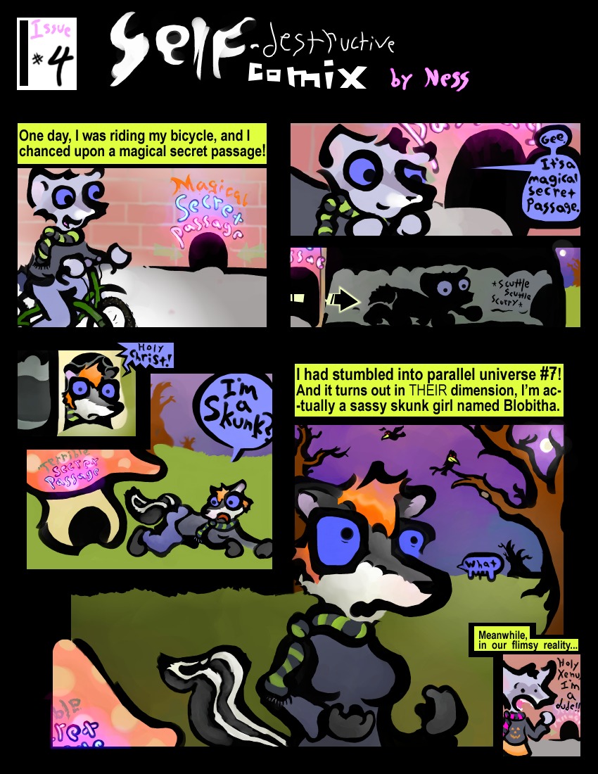 2007 alternate_universe anthro blockage_(layout) body_swap comic dialogue duo e621 english_text female gender_transformation larathelabrat male mammal mephitid ness_(larathelabrat) procyonid raccoon self_destructive_comix seven_frame_image skunk speech_bubble tail text transformation tunnel vertical_blockage
