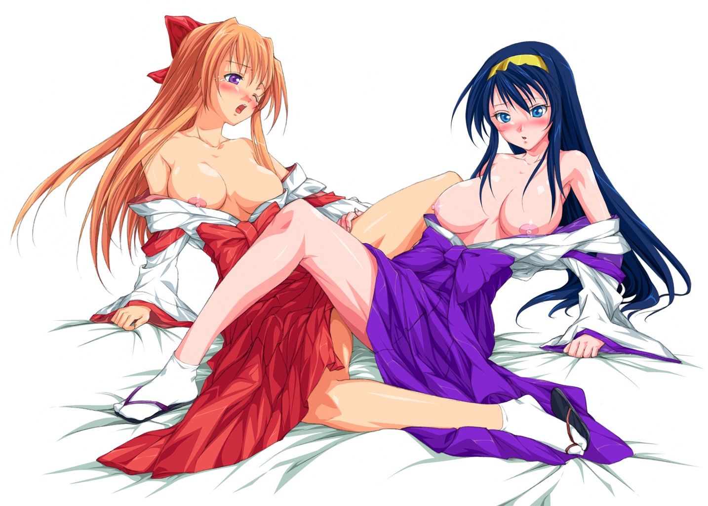 blue_eyes blue_hair blush bow breasts clothed_sex clothing female hairband hakama himemiya_chikane japanese_clothes kannazuki_no_miko kurusugawa_himeko legs long_hair miko multiple_females multiple_girls orange_hair purple_eyes rule34 sayika straight_hair tabi tribadism yuri