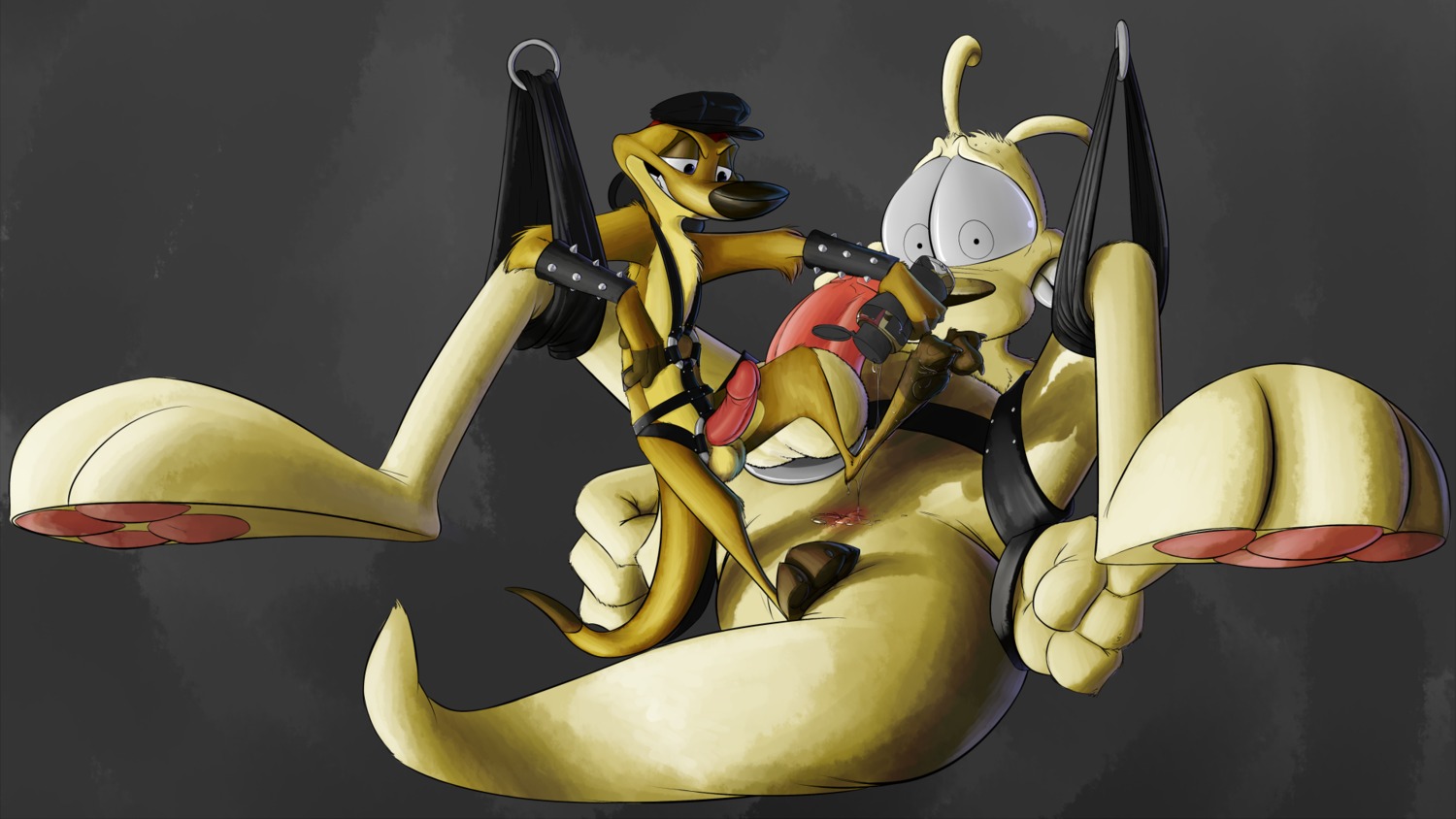 16:9 3_toes anus armor balls bdsm bondage bound bracers clothing digital_media_(artwork) disney duo e621 erection feet foot_fetish genitals harness hat headgear headwear herpestid hi_res hindpaw humanoid_genitalia humanoid_penis larger_male larger_sub leather leather_daddy lube macropod male male/male mammal marsupial meerkat nickelodeon pawpads paws penis rocko's_modern_life rocko_rama sex_swing size_difference smaller_male submissive suspension the_lion_king timon toes wallaby weaselgrease widescreen