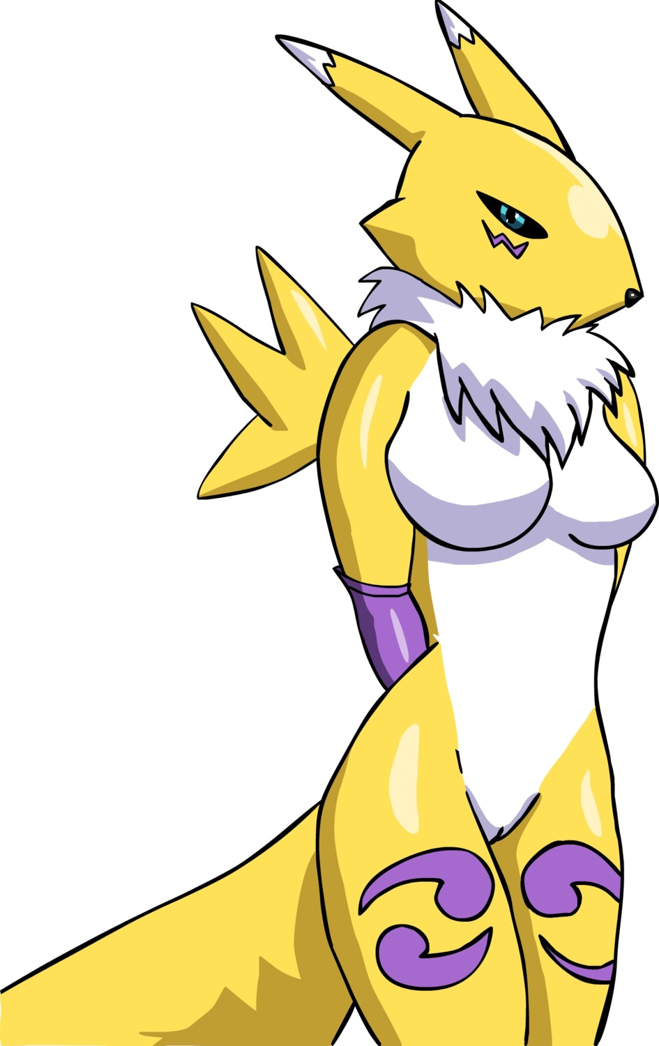 anthro black_nose black_sclera blue_eyes breasts color digimon female female_only front_view fur furry furry_breasts furry_ears furry_tail looking_at_viewer nude open_eyes pointy_ears pussy renamon rule34 solo standing tail vanillacreamkris vulva white_background white_fur yellow_fur