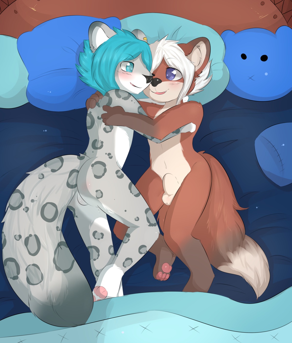 animal_genitalia anthro aoizuri balls bed bedding blue_eyes blue_hair blush brown_body brown_fur brown_tail canid canine countershading cuddling dipstick_tail djijey_hellfire duo e621 eye_contact eyebrows felid fox full-length_portrait fully_sheathed fur furniture genitals grey_body grey_fur grey_tail hair hi_res high-angle_view hug interspecies leopard looking_at_another lying male male/male mammal markings multicolored_body multicolored_fur multicolored_tail nude on_bed on_side pantherine pillow portrait reaper_(djijey_hellfire) sheath short_hair tail tail_markings tan_body tan_fur two_tone_body two_tone_fur white_body white_countershading white_fur white_hair white_tail young young_anthro young_male young_on_young