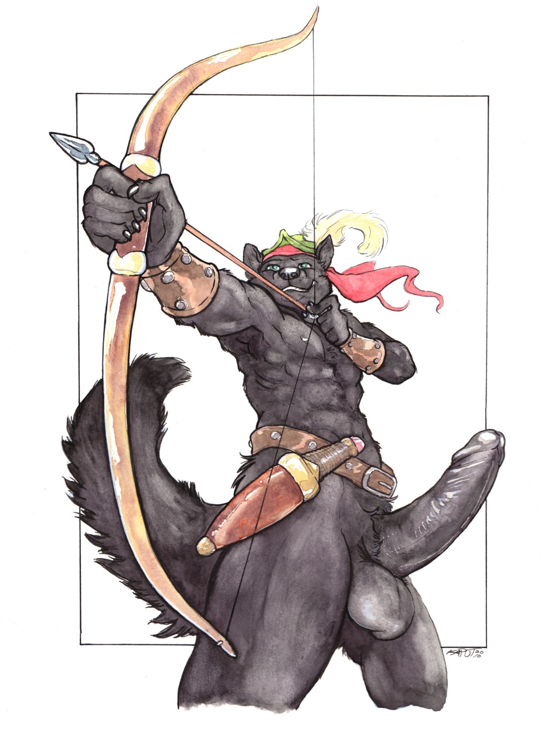 1boy 2010 anthro archery arrow balls black_penis bow canine erection fur furry kaputotter lupine_assassin male male_only nude penis public_domain robin_hood rule34 solo wolf