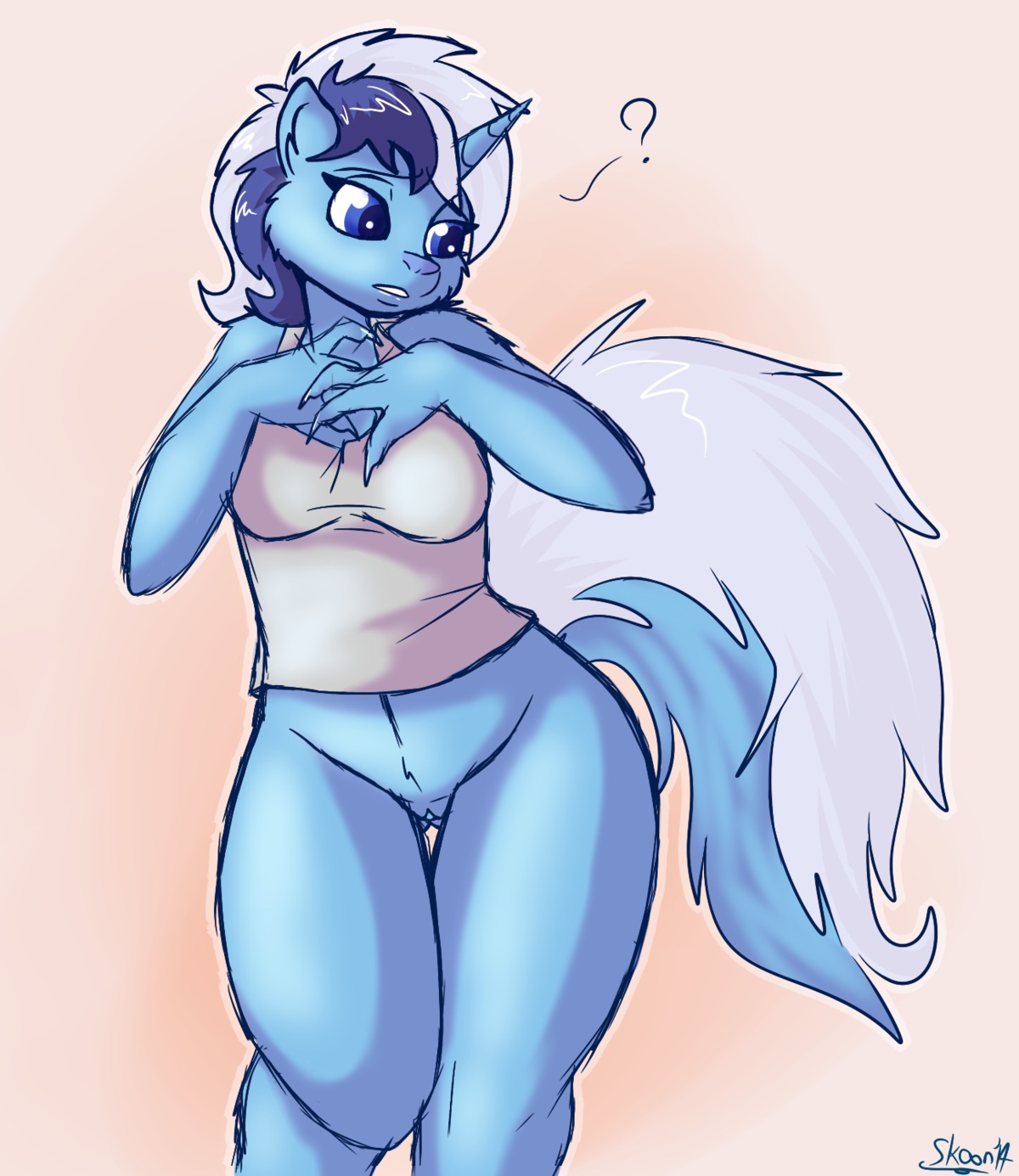 2014 anthro anthrofied biped blue_body blue_eyes blue_fur blue_hair bottomless breasts claws clothed clothing conditional_dnp digital_media_(artwork) e621 equid equine female friendship_is_magic fur genitals hair hasbro hi_res horn mammal mephitid minuette_(mlp) multicolored_hair my_little_pony mythological_creature mythological_equine mythology question_mark skoon skunk solo standing tail two_tone_hair unicorn vulva white_body white_fur white_hair