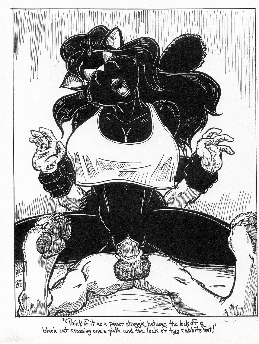 1999 anatomically_inaccurate anatomically_inaccurate_pawpads balls big_breasts black_body black_fur black_hair bottomless breasts clitoris clothed clothing domestic_cat dominant duo e621 english_text erection eyes_closed felid feline felis female female_on_top female_penetrated fur genitals greyscale hair humanoid_pointy_ears interspecies lagomorph leporid long_hair makeup male male/female male_on_bottom male_penetrating male_penetrating_female mammal monochrome navel on_bottom on_top oscar_marcus pawpads paws penetration penile penile_penetration penis penis_in_vagina pointy_ears rabbit reverse_cowgirl_position sex shirt simple_background tammy_kitten tank_top text topwear vaginal vaginal_penetration vulva white_body white_fur