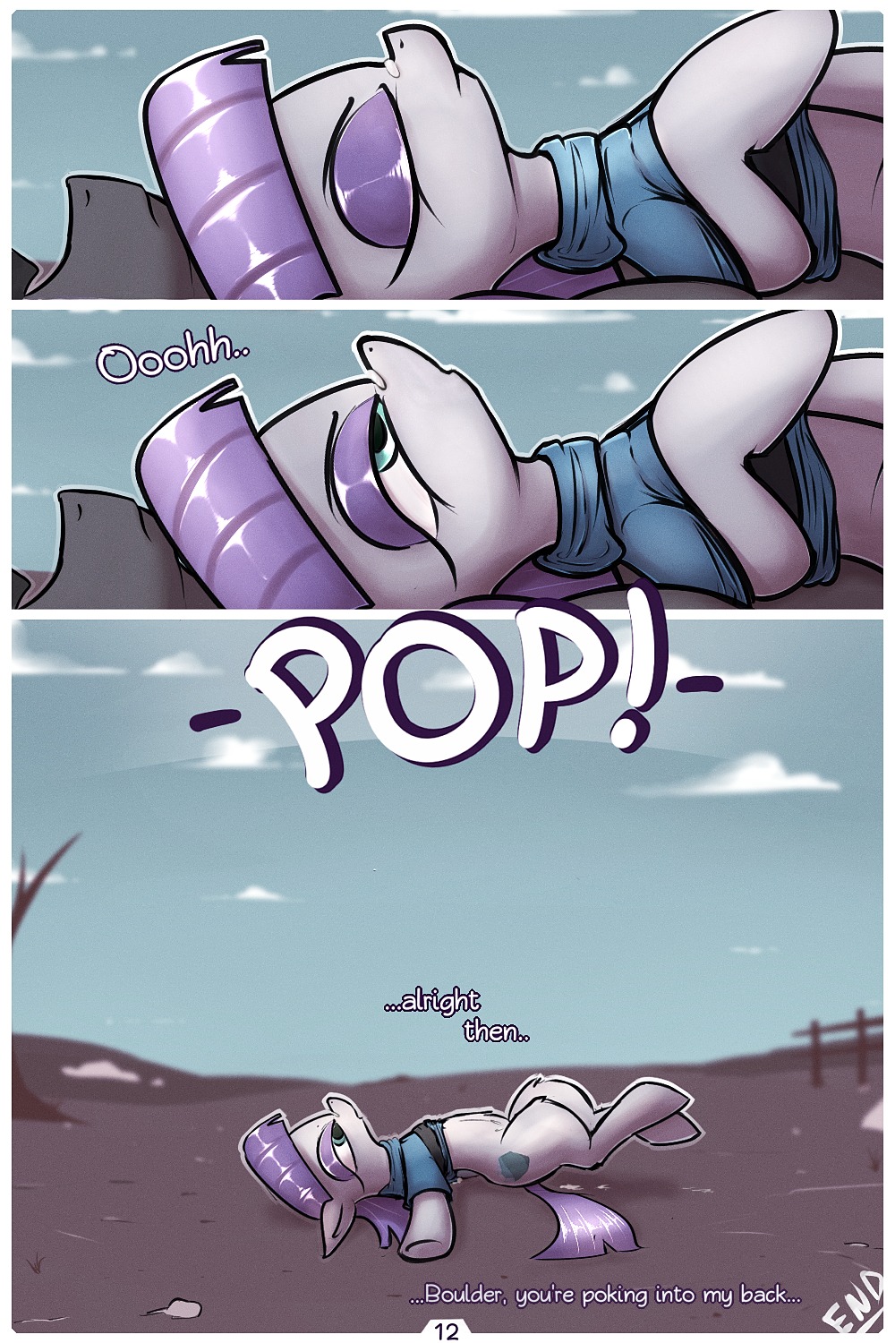 2014 2:3 blue_eyes bodily_fluids bottomless boulder_(mlp) clothed clothing cloud comic cum cutie_mark dialogue duo e621 earth_pony english_text equid equine eyes_closed female feral friendship_is_magic genital_fluids grey_body hair half-closed_eyes hasbro hi_res horse male male/female mammal maud_pie_(mlp) my_little_pony narrowed_eyes outside ponegranate pony purple_hair sky text transformation