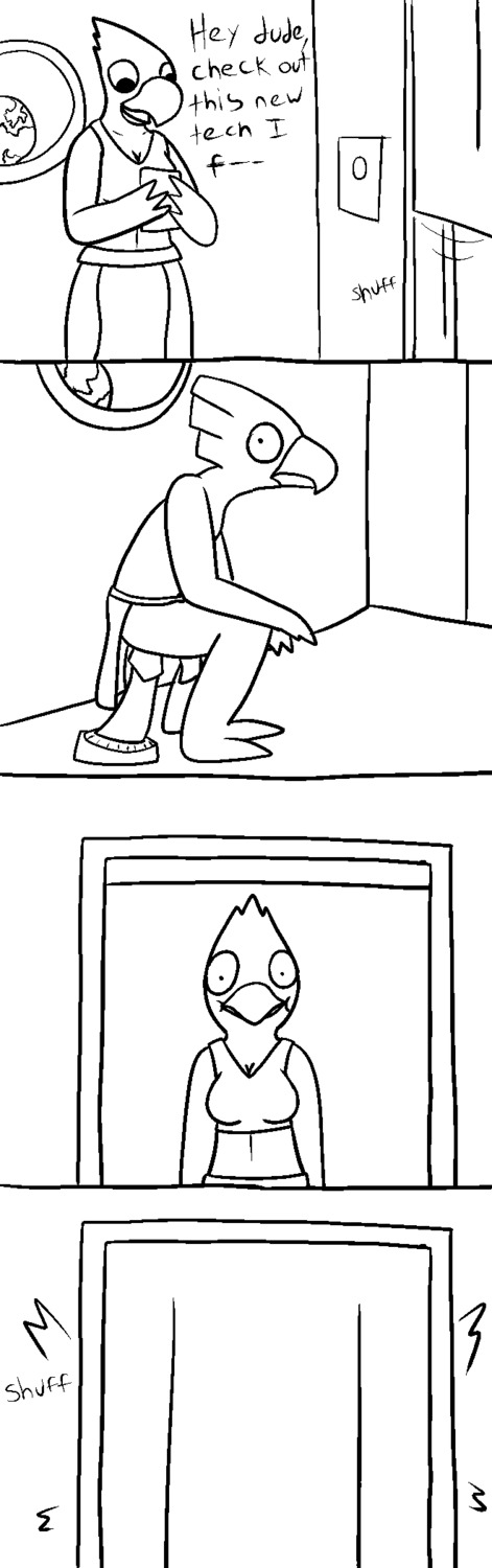 aliasing alien anal anal_penetration anthro avian avian_(starbound) beak bird black_and_white breasts chucklefish comic dialogue digital_media_(artwork) dildo dildo_sitting duo e621 embarrassed english_text feathers female hi_res male masturbation monochrome non-mammal_breasts penetration sex_toy space standing starbound stare text trout_(artist) walk-in