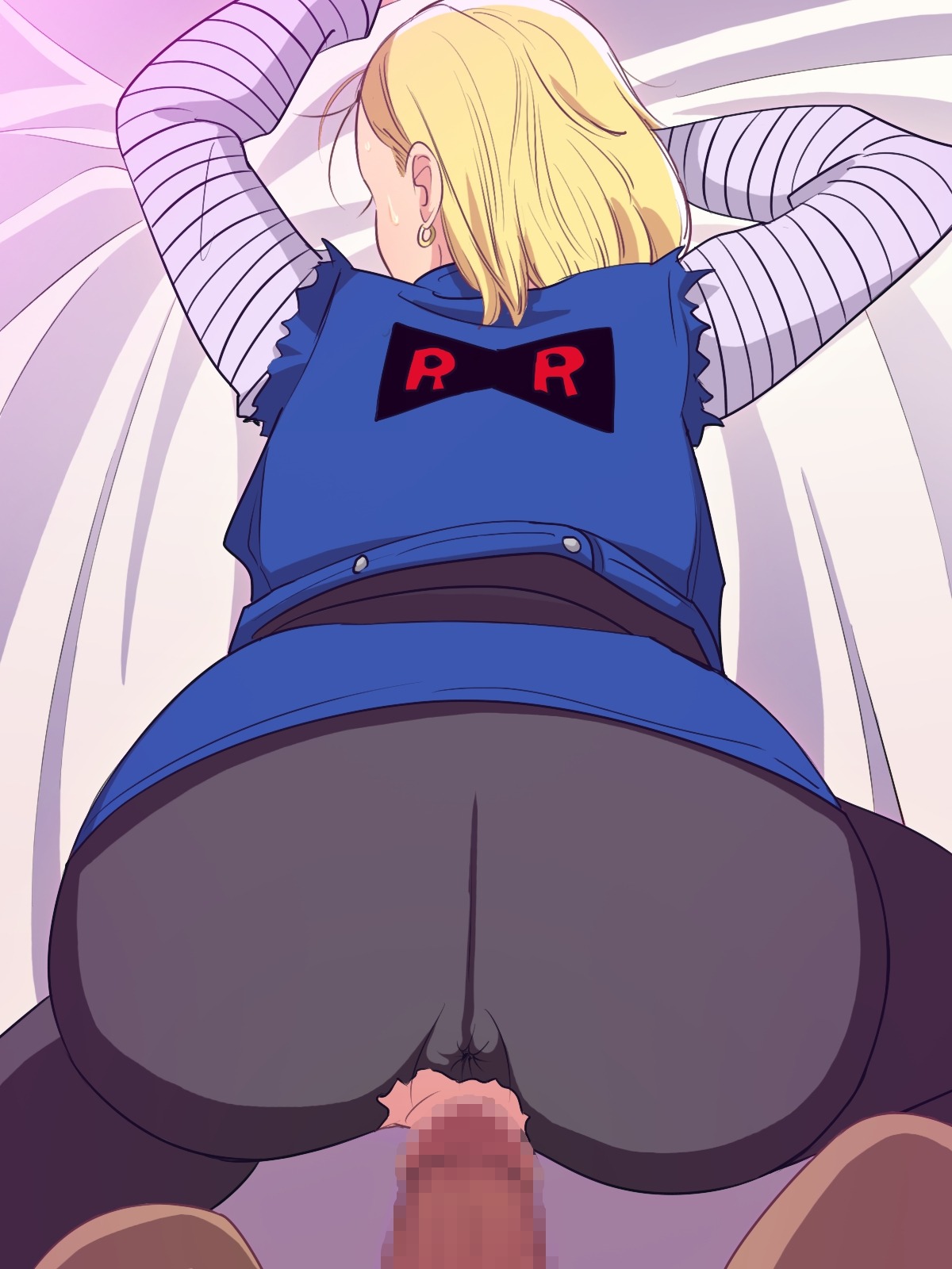 android_18 ass blonde_hair censored dragon_ball dragon_ball_z earrings erodon_hearts female from_behind highres jewelry male mosaic_censoring penis pov pussy rule34 straight_hair sweat unseen_male_face