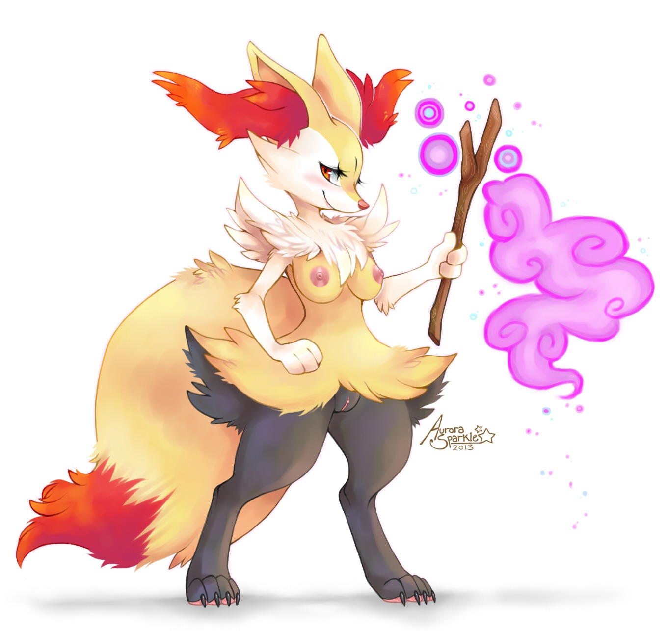 2013 3_fingers 4_toes anthro aurora-sparkle biped braixen breasts canid canine cheek_tuft chest_tuft claws digitigrade dipstick_tail e621 eyelashes facial_tuft feet female fingers fluffy fluffy_tail fur generation_6_pokemon genitals grey_body grey_fur hi_res inner_ear_fluff lips looking_at_viewer magic mammal markings multicolored_body multicolored_fur multicolored_tail nintendo nipples nude pawpads paws pokemon pokemon_(species) red_body red_eyes red_fur simple_background smile solo standing stick tail tail_markings toes tuft vulva white_background white_body white_fur wide_hips yellow_body yellow_fur