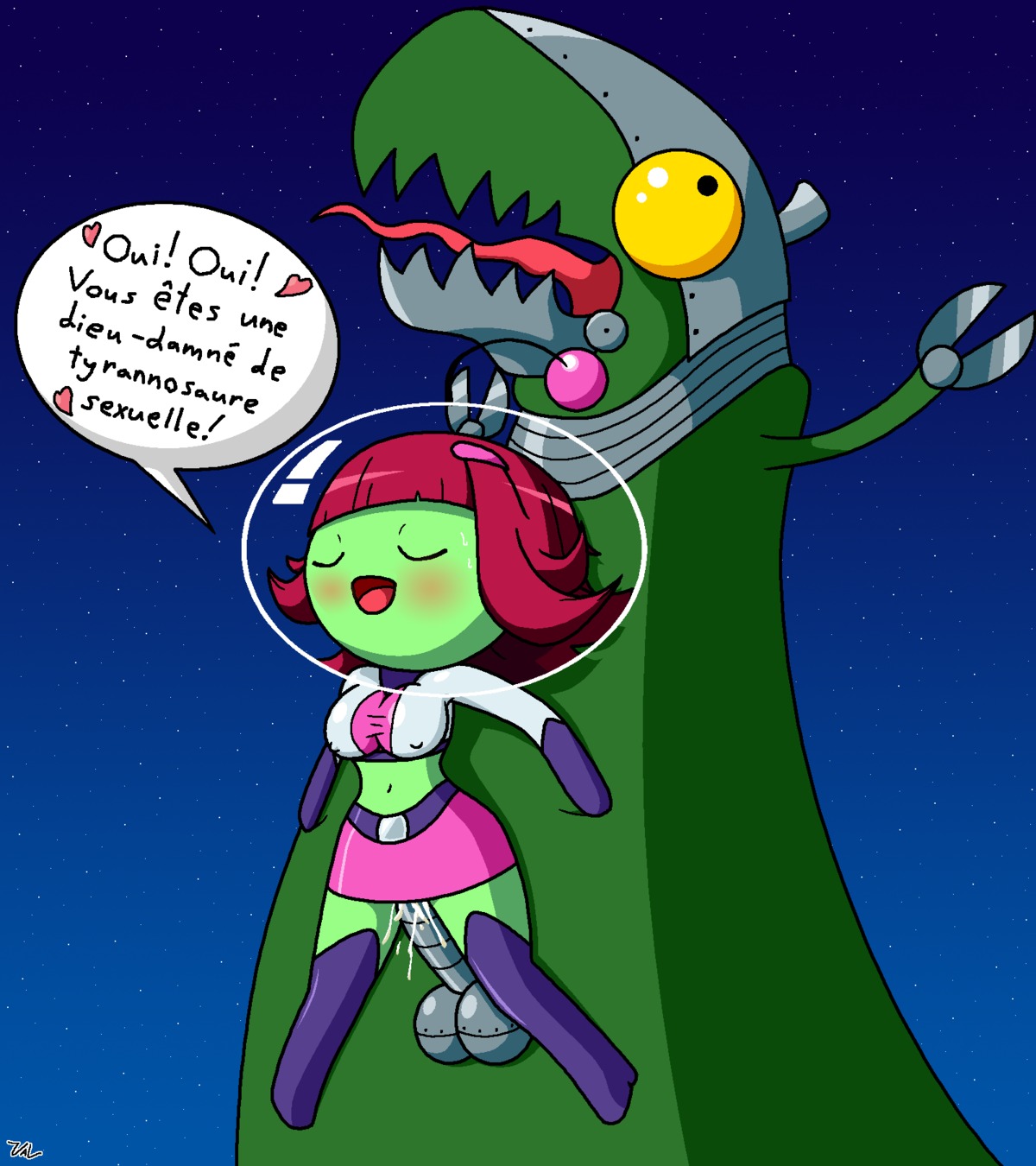 blush crop_top dinosaur erect_nipples erect_nipples_under_clothes eyes_closed female french_text green_skin hairclip luna_(mighty_milky_way) mighty_milky_way nipples open_mouth penetration red_hair robot rule34 short_hair skirt speech_bubble straight t_rex text val_(artist) yellow_eyes