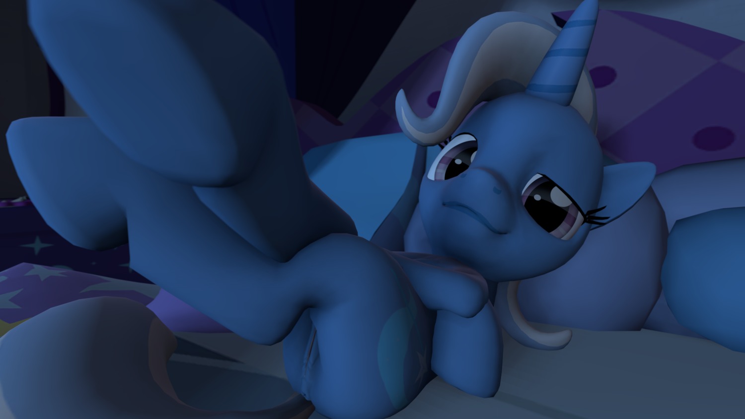 16:9 3d_(artwork) animal_genitalia bed cutie_mark digital_media_(artwork) e621 equid equine female feral friendship_is_magic fruitymilk fur furniture genitals hair hasbro hi_res horn lying mammal multicolored_hair my_little_pony mythological_creature mythological_equine mythology solo source_filmmaker_(artwork) trixie_(mlp) two_tone_hair unicorn vulva widescreen
