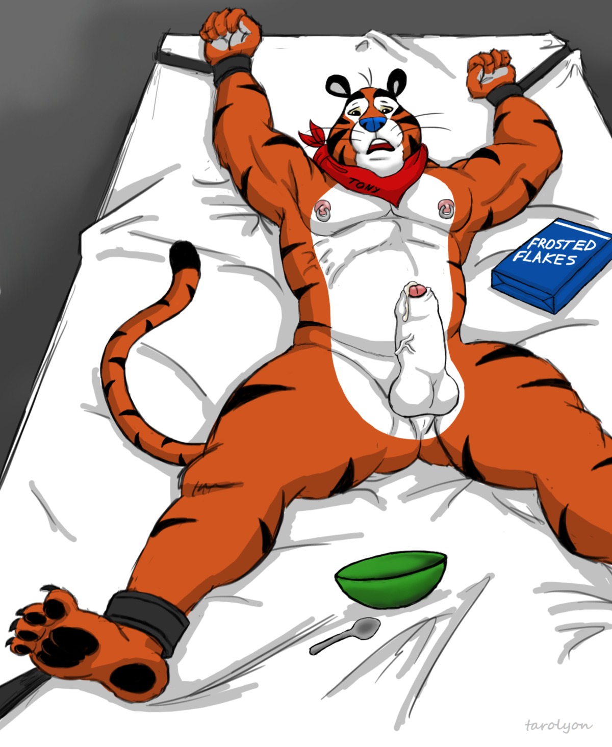 2014 animal_genitalia anthro balls bdsm bed bed_bondage bodily_fluids bondage bound bowl cereal container countershading cum cutlery e621 erection felid food foreskin frosted_flakes furniture genital_fluids genitals glans hands_above_head hi_res humanoid_genitalia humanoid_penis kellogg's kitchen_utensils male mammal mascot muscular muscular_anthro muscular_male nipple_piercing nipples nude pantherine paws penis piercing pink_glans precum scarf sheath solo spoon straps stripes submissive submissive_male tarolyon tiger tony_the_tiger tools vein veiny_penis white_penis