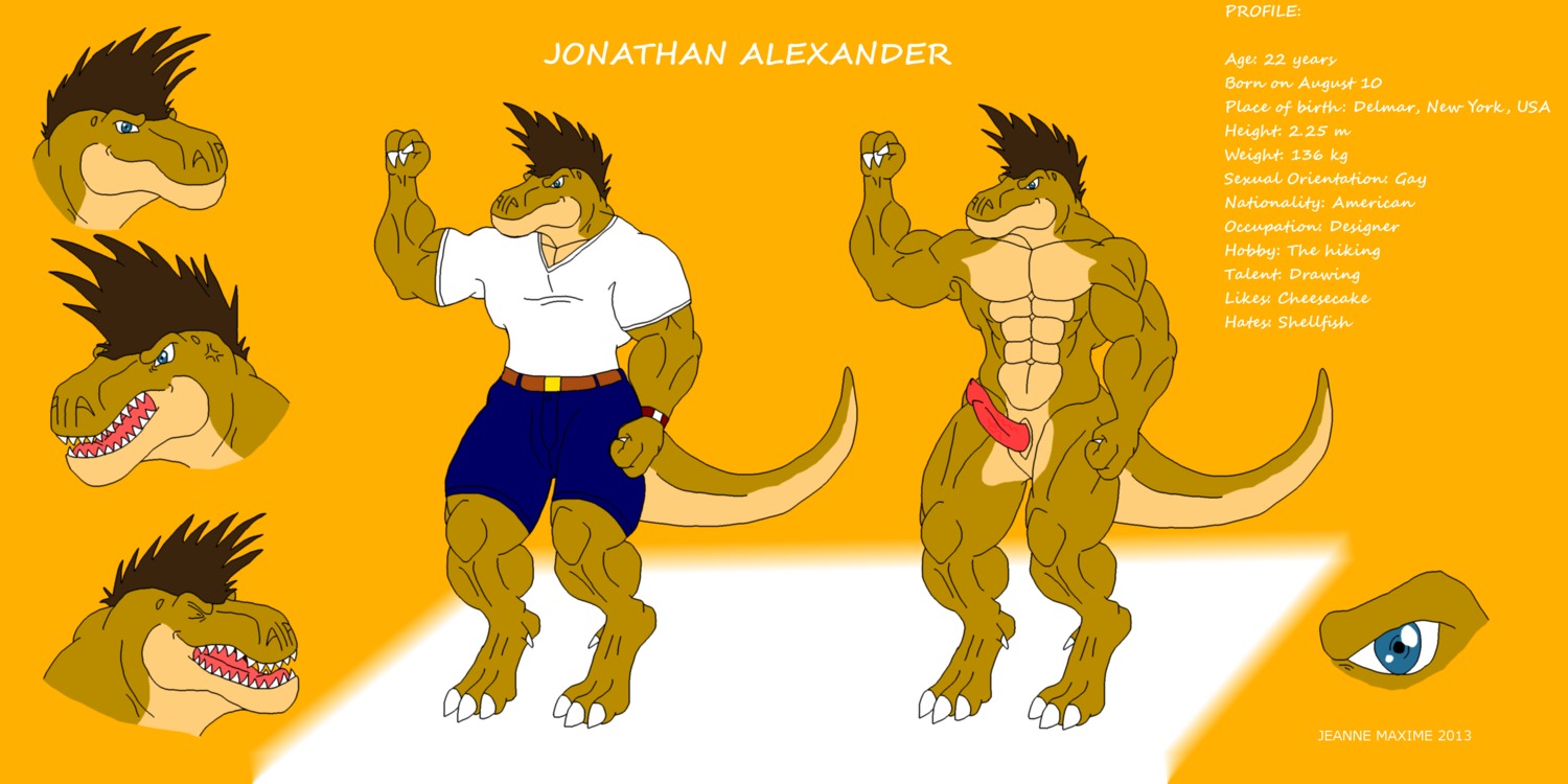 2013 2:1 abs absurd_res animal_genitalia anthro balls barefoot belt biceps big_penis biped blue_eyes bottomwear brown_body brown_hair brown_skin character_name claws clock clothed clothing dewclaw digitigrade dinosaur e621 english_text erection fangs feet flexing fully_clothed genital_slit genitals hair hi_res information information_section jonathan_alexander male maxime-jeanne measurements metric_system model_sheet muscular muscular_anthro muscular_male nude number off/on open_mouth pecs penis pose prehistoric_species profile raised_arm red_penis reptile saurischian scales scalie shirt shorts simple_background solo standing stated_homosexuality stated_sexuality tail teeth text theropod toe_claws tongue topwear tyrannosaurid tyrannosauroid tyrannosaurus tyrannosaurus_rex unit vein watch white_background yellow_background