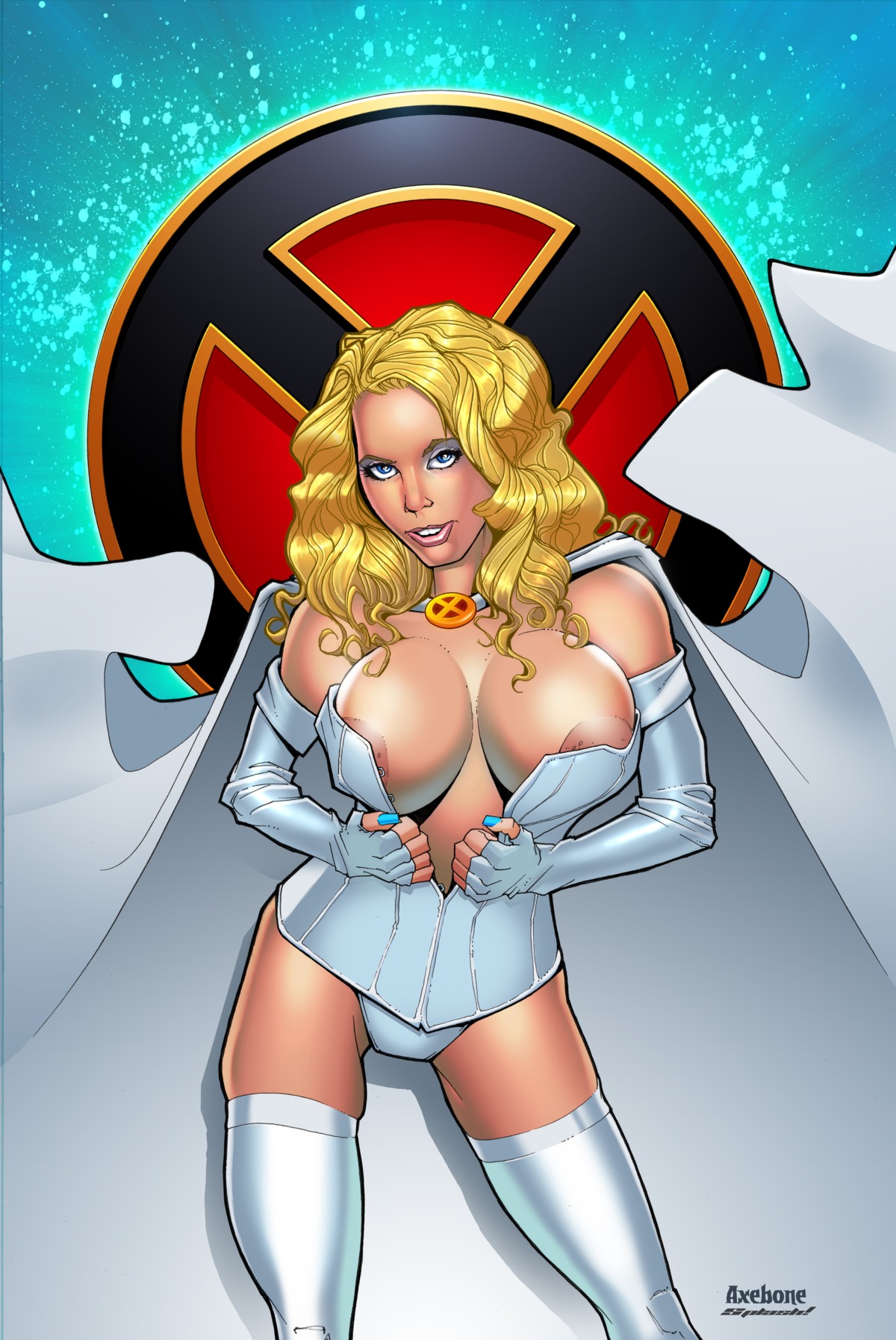 axebone blonde_hair blue_eyes breasts cape emma_frost female long_hair looking_at_viewer marvel marvel_comics rule34 white_queen x-men