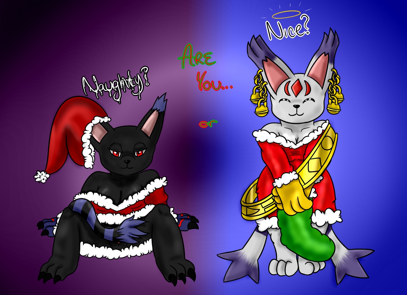 anthro anthrofied bandai_namco black_body black_fur blackgatomon breasts christmas cleavage clothed clothing digimon digimon_(species) digimorph dress duo e621 ear_piercing ear_tuft felid female footwear fur gatomon_x genitals gloves handwear hat headgear headwear holidays legwear light_(legion_beast) long_tail mammal markings multi_tail piercing presenting red_eyes ring seductive sin_(legion_beast) smile socks softestpuffss spread_legs spreading stockings tail tail_between_legs tuft vulva white_body white_fur x-digimon