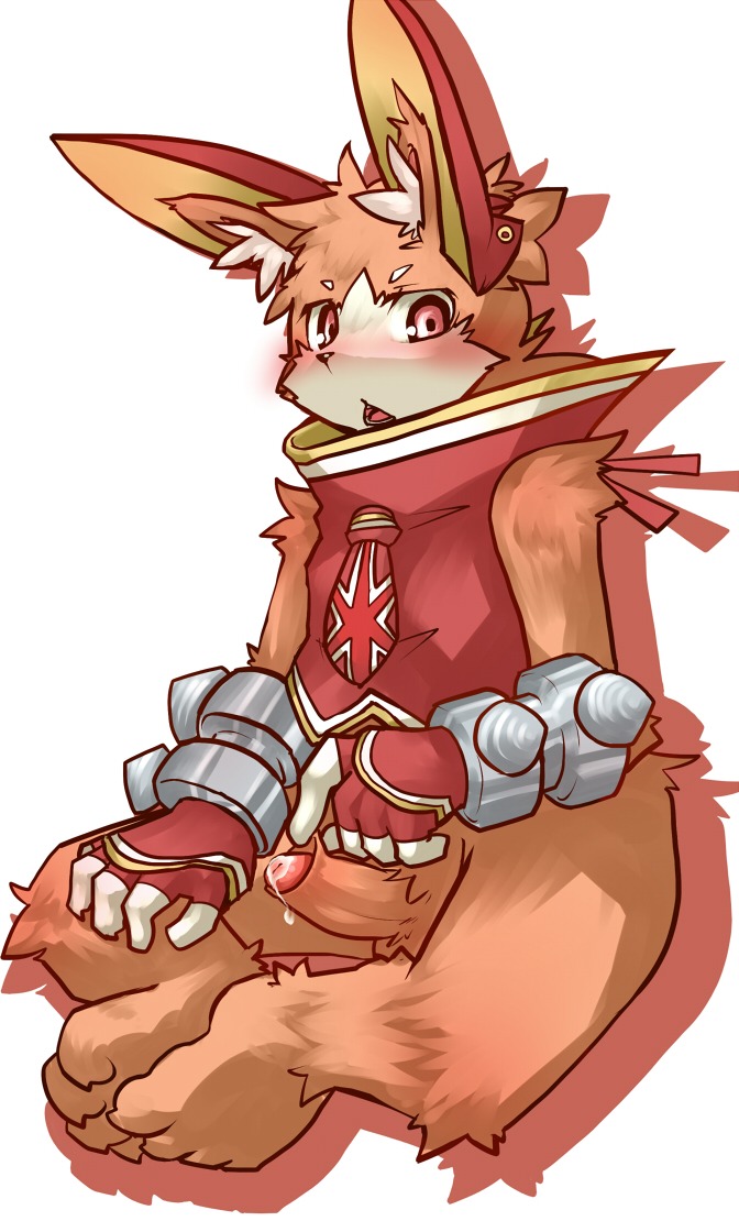3:5 anthro blush bodily_fluids bottomless canid canine clothed clothing cum e621 erection fox genital_fluids genitals humanoid_genitalia humanoid_penis kattent kosian male mammal penis red_eyes sacred_blaze simple_background solo white_background