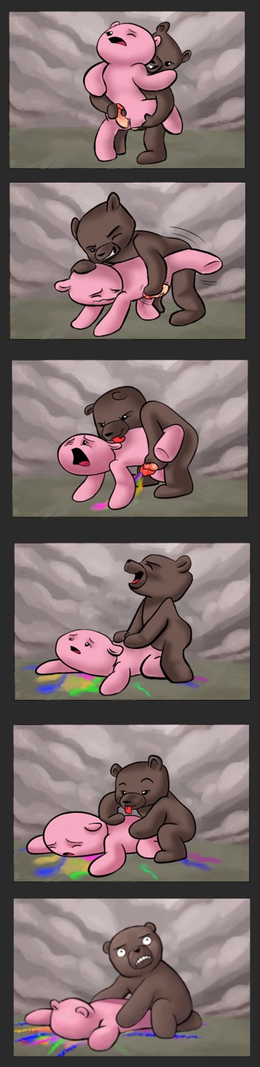 2013 all_fours animate_inanimate battle_bear battle_bears bear bodily_fluids brown_body brown_fur colored_cum cum doggystyle duo e621 erection from_behind_position fur genital_fluids genitals handjob hi_res huggable_(battle_bears) humanoid_genitalia humanoid_penis humor licking living_plushie long_image male male/male mammal nude oliver_(battle_bears) penile penis pink_body pink_fur plushie rainbow rainbow_cum reach_around sex shaded simple_shading tall_image teddy_bear tongue tongue_out unknown_artist unusual_bodily_fluids unusual_cum unusual_genital_fluids