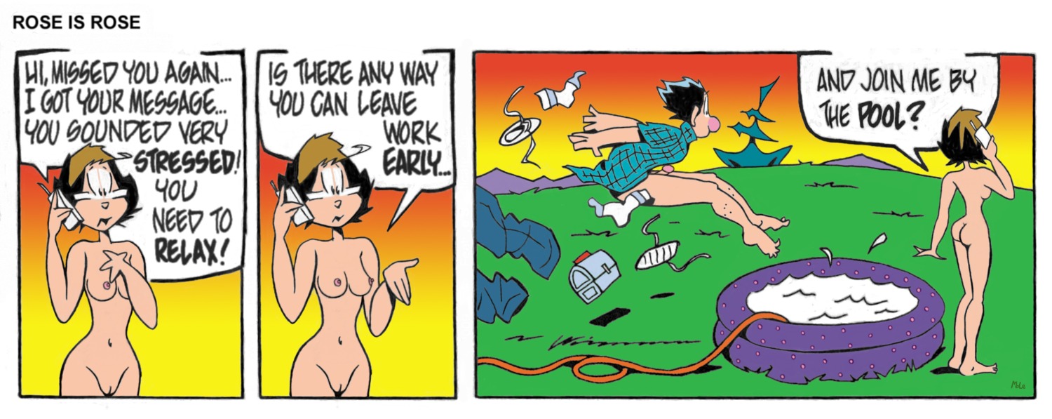 1boy 1girls ass breasts brown_hair edit edited_official_artwork english_dialogue english_text female glasses hose jimbo_gumbo kiddie_pool light_skin male nude open_shirt outdoor_nudity outdoors penis pool rose_gumbo rose_is_rose rule34 shirt shirt_only small_breasts speech_bubble tagme undressing