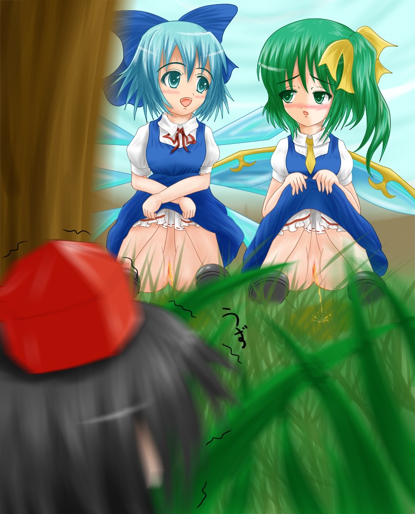 3girls animated aqua_eyes black_hair bloomers bloomers_(victorian) blue_eyes blue_hair blush bow cirno clothing daiyousei dress embarrassed fairy fairy_wings female grass green_eyes green_hair hair_ribbon hairbow hat hiding ice multiple_females multiple_girls open_mouth pee_squat_outdoors peeing peeing_together plant pussy ribbon rule34 shameimaru_aya shoes short_hair squat touhou tree trembling urine vagina voyeurism wings