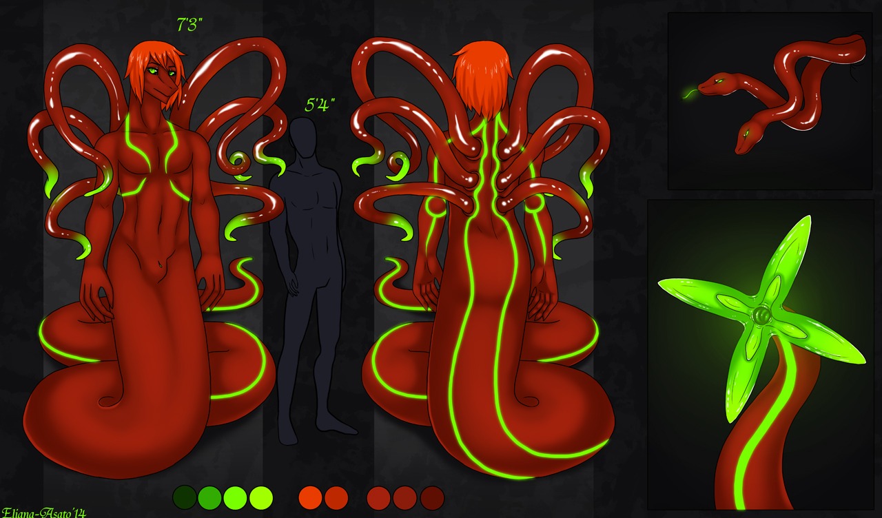 2014 animal_genitalia apode color_swatch draconcopode e621 eliana-asato front_view genital_slit genitals glowing green_eyes hair legless long_tail male model_sheet naga open_mouth orange_hair red_body red_skin reptile scalie serpentine short_hair snake solo standing tail tail_mouth tentacles unusual_anatomy unusual_tail
