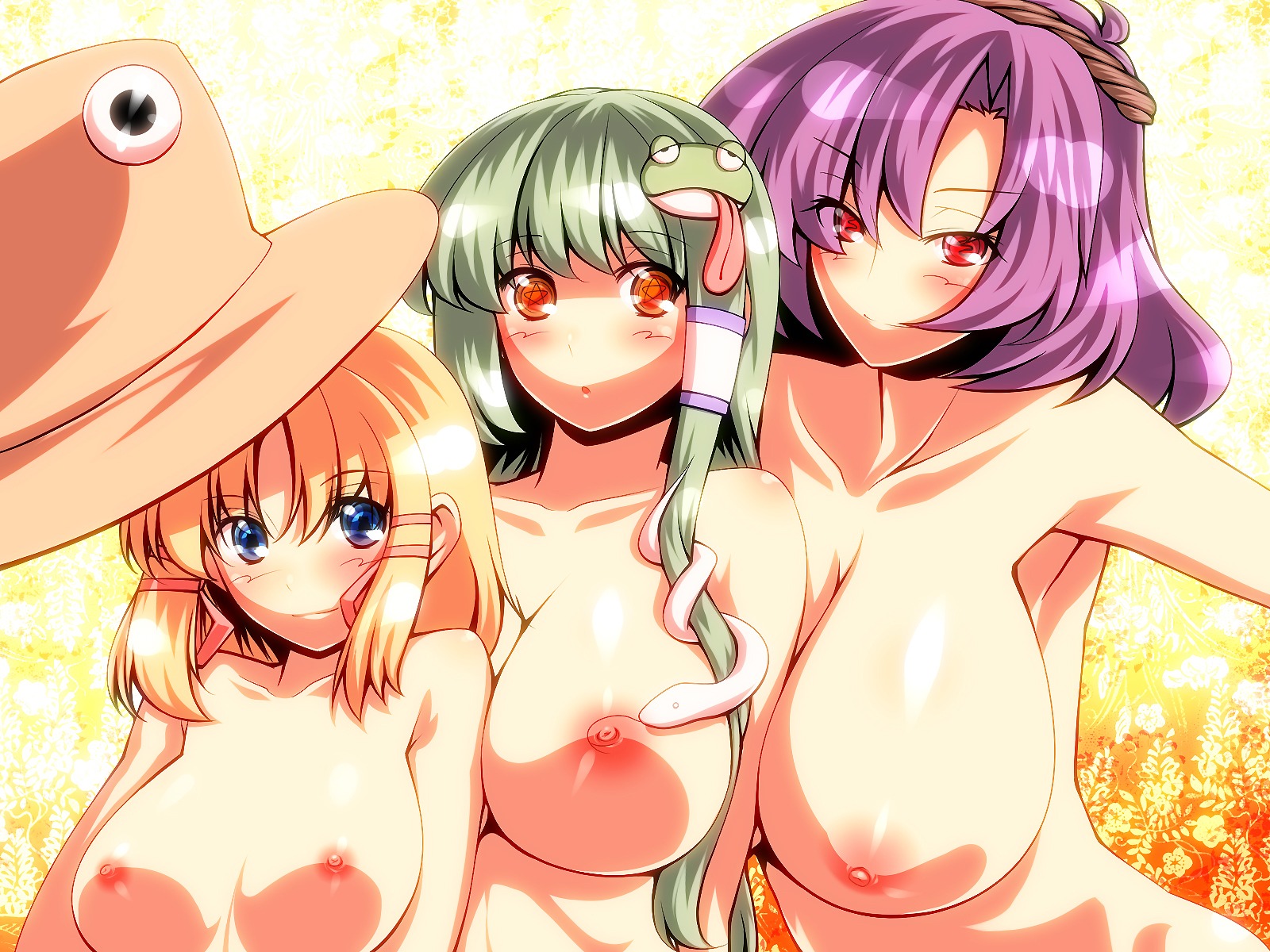 3girls 4:3_aspect_ratio ambiguous_nudity blonde_hair blue_eyes breasts bust female frog green_hair hair_ornament hat highres huge_breasts kanako_yasaka large_breasts lineup looking_at_viewer multiple_females multiple_girls nipples no_bra nude paheal pentagram purple_hair red_eyes rule34 sanae_kochiya snake suwako_moriya symbol-shaped_pupils touhou tro uncensored uncensored_breasts
