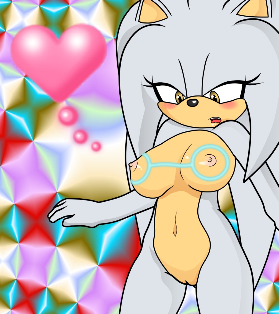 abstract_background amber_eyes anthro blush breasts crossgender e621 eulipotyphlan female genitals heart_symbol hedgehog looking_at_self mammal markings mtf_crossgender nipples psychedelic_background sega silver_the_hedgehog solo sonic_the_hedgehog_(series) unknown_artist vulva
