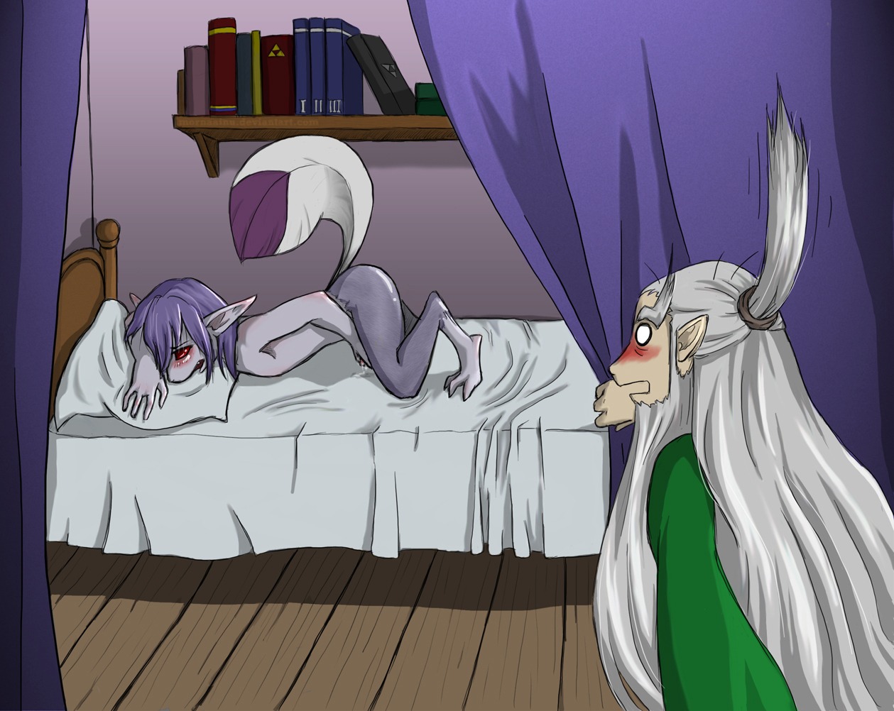 2boys beard blush caught caught_in_the_act caught_masturbating curtains curtains_open ezlo grey_hair long_beard long_gray_hair long_hair male male_masturbation male_only masturbation minish_cap nintendo non-human picori purple_hair rule34 surprise the_legend_of_zelda vaati