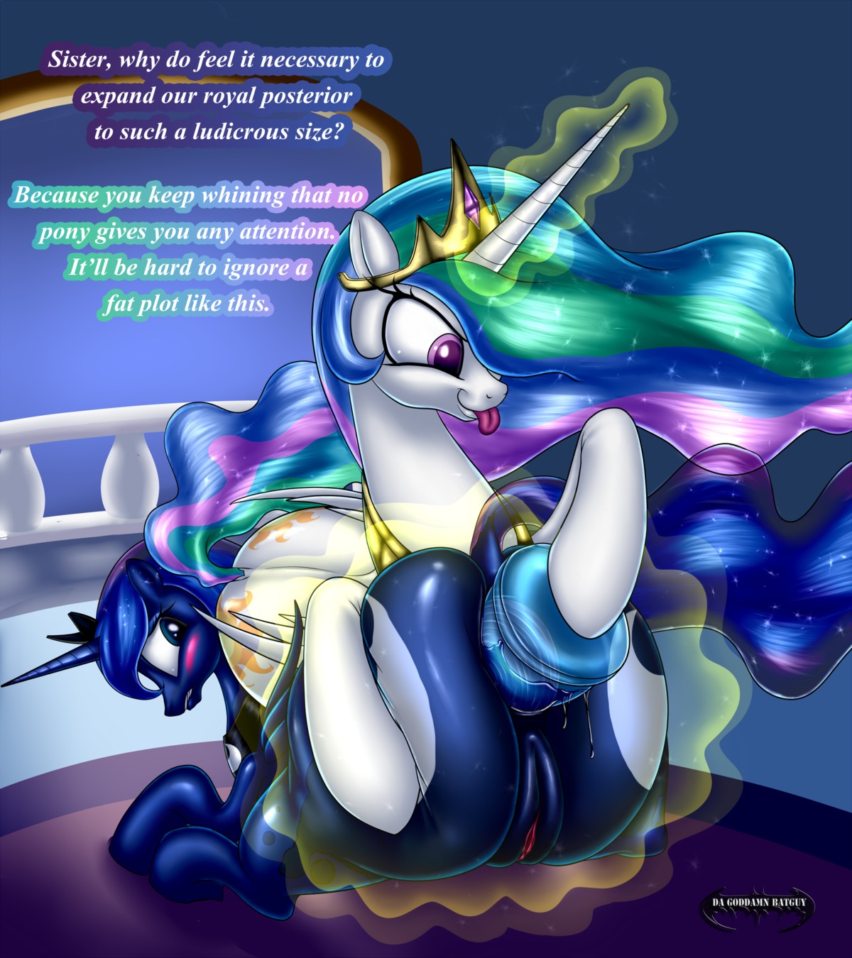 2013 anal anal_penetration anus big_butt blue_body blue_eyes blue_feathers blue_hair blush butt crown cutie_mark da_goddamn_batguy dialogue dildo dildo_in_ass dildo_insertion duo e621 english_text equid equine expansion faux_gaping faux_gaping_pussy feathered_wings feathers female feral friendship_is_magic genitals hair hasbro headgear hi_res horn huge_butt incest_(lore) long_hair looking_back mammal multicolored_hair my_little_pony mythological_creature mythological_equine mythology object_in_ass penetration pink_eyes plump_labia princess_celestia_(mlp) princess_luna_(mlp) sex sex_toy sex_toy_in_ass sex_toy_insertion sibling_(lore) sister_(lore) sisters_(lore) smile stated_incest text tiara tongue tongue_out toying_partner translucent_penetration transparent_dildo transparent_sex_toy vulva white_body white_feathers winged_unicorn wings