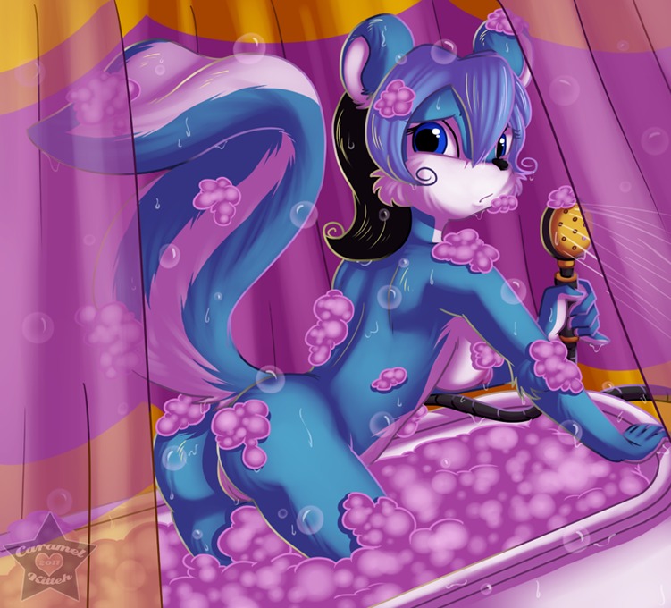 2011 anthro bath bent_over blue_body blue_eyes blue_fur breasts bubble caramel-kitteh e621 female fur genitals luscious_(caramel-kitteh) mammal mephitid nipples nude raised_tail shower side_boob skunk solo tail vulva water wet