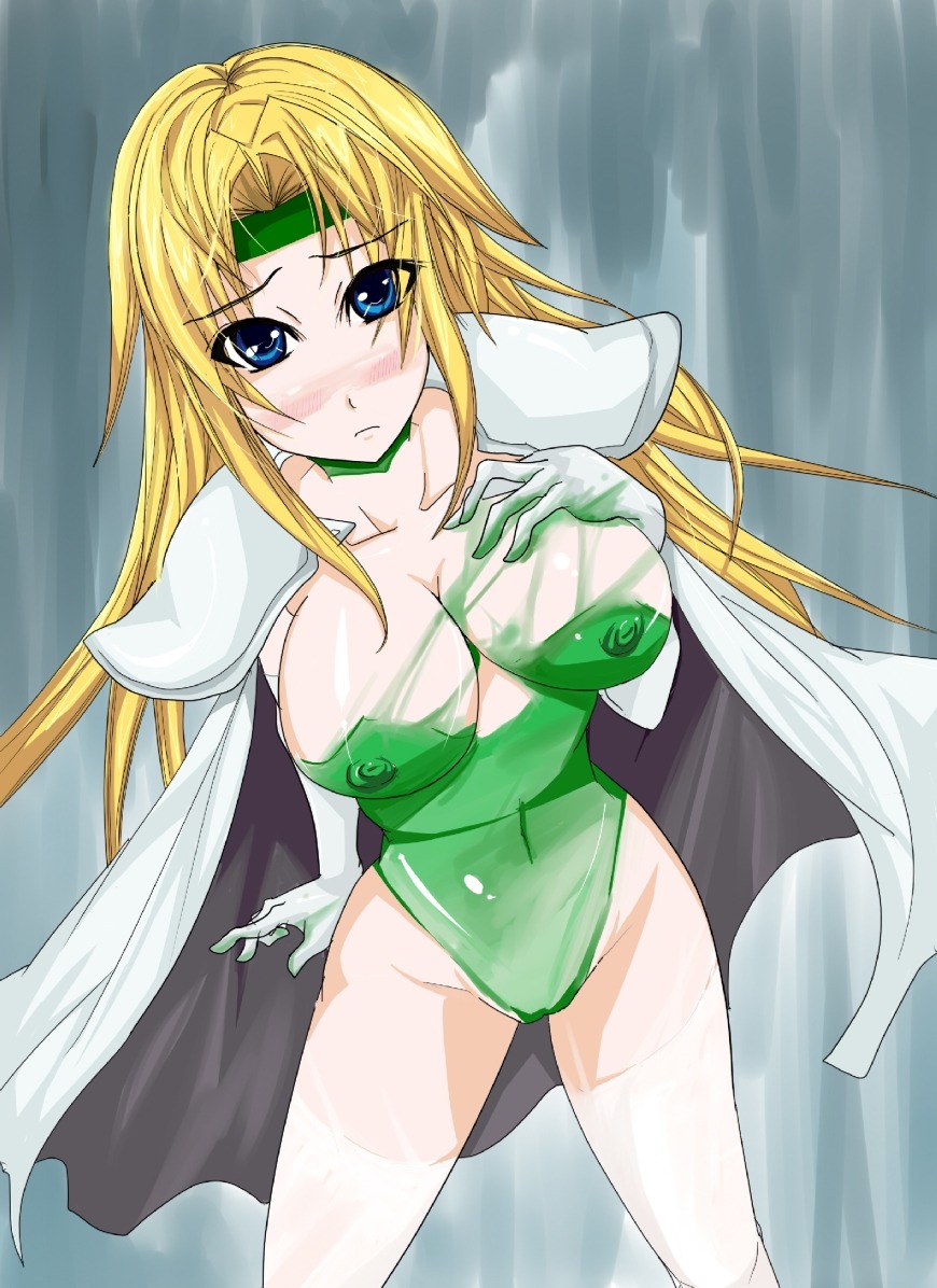 blonde_hair blue_eyes blush breasts cape celes_chere cleavage female female_only final_fantasy final_fantasy_vi headband human leotard long_hair myos navel nipples pointy_chin rule34 shoulder_pads solo