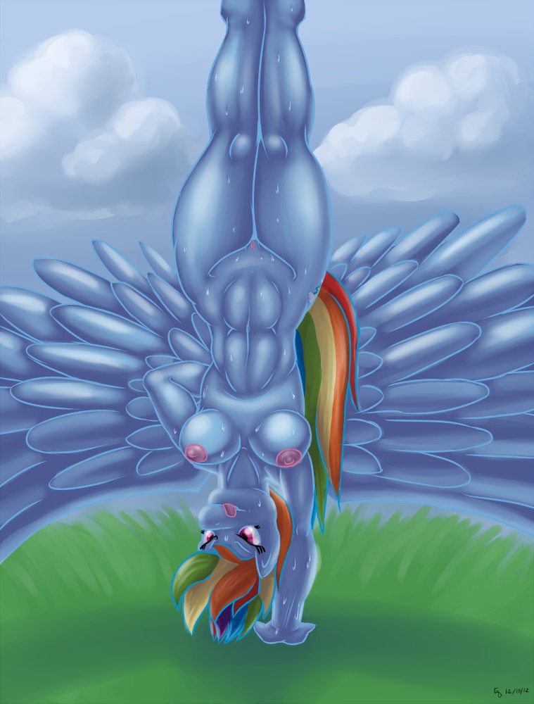2012 abs anthro anthrofied blue_body blue_feathers blue_fur bodily_fluids breasts cloud cutie_mark e621 equid equine feathered_wings feathers female friendship_is_magic fur genitals glenskunk hair handstand hasbro mammal multicolored_hair muscular muscular_anthro muscular_female my_little_pony mythological_creature mythological_equine mythology nipples nude on_one_hand outside pegasus purple_eyes rainbow_dash_(mlp) rainbow_hair sky solo sweat tail tongue upside_down vulva wings