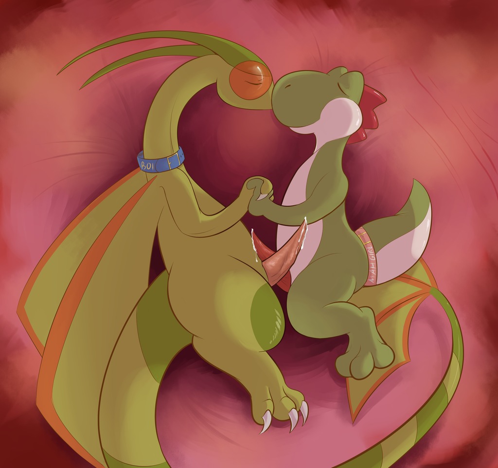 3_toes animal_genitalia animal_penis barefoot bed bodily_fluids collar crossover cum dinosaur dragon duo e621 erection feet feral flygon frottage furniture generation_3_pokemon genital_fluids genitals green_yoshi harlem holidays interspecies male male/male mario_bros maz_teh_flygon membrane_(anatomy) membranous_wings mishi mythological_creature mythological_scalie mythology nintendo penile penis penises_touching pokemon pokemon_(species) prehistoric_species reptile romantic romantic_couple scalie sex simple_background tail tapering_penis toes valentine's_day wings yoshi