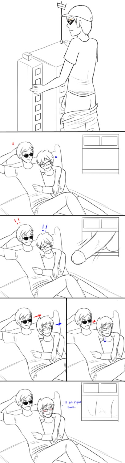 3boys artist_request ass bed blush bro_strider buckteeth building clothing comic dave_strider dialogue gay giant glasses hat homestuck john_egbert macro male male_only monochrome ms_paint_adventures pants_down penis rule34 short_hair source_request sunglasses text white_background white_hair white_skin