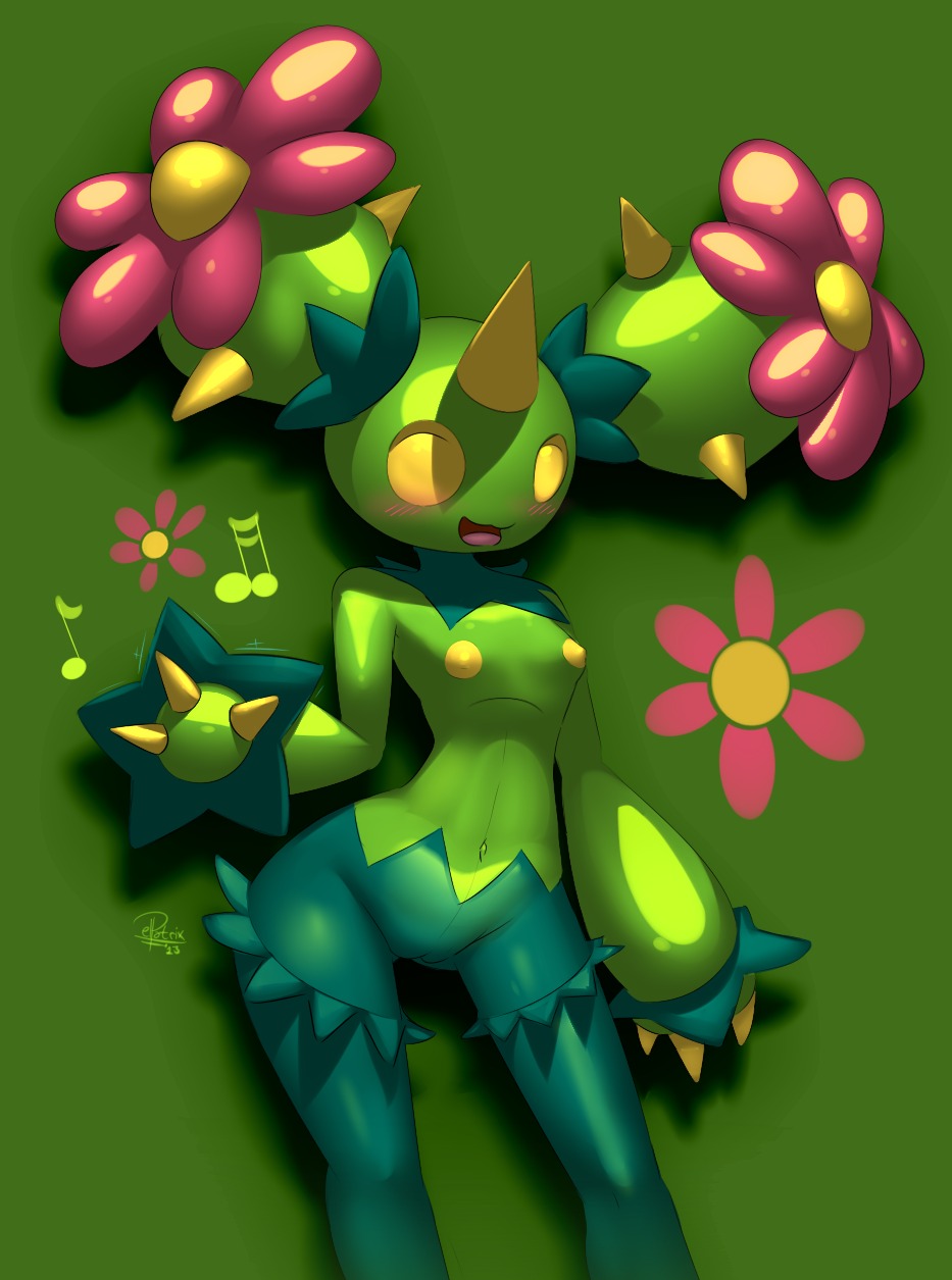 2013 3_fingers :d bald blush breasts cactus cactus_creature cactus_humanoid digital_media_(artwork) e621 elemental_creature elemental_humanoid elpatrixf female female_humanoid fingers flora_fauna flower flower_(anatomy) generation_5_pokemon genitals glistening green_background green_body green_skin green_theme happy hi_res humanoid looking_at_viewer maractus navel nintendo nipples non-mammal_breasts non-mammal_nipples not_furry nude nude_female nude_humanoid open_mouth plant plant_humanoid pokemon pokemon_(species) pokemorph raised_arm shadow shaking simple_background smile solo standing thorns tongue vulva yellow_eyes