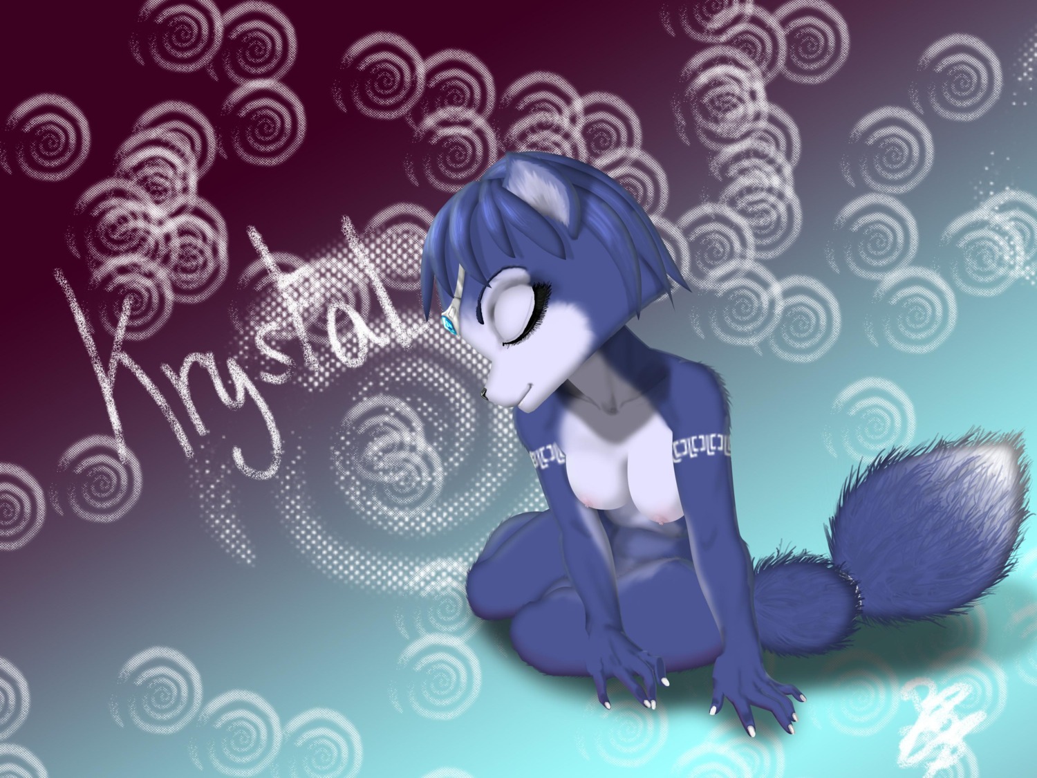 anthro bindi black_by black_nose blue_fur blue_hair breasts character_name claws closed_eyes closed_mouth color female female_only fox fur furry furry_breasts furry_ears furry_tail hair jewelry krystal nipples nude pointy_ears rule34 short_hair sitting solo star_fox tail white_fur