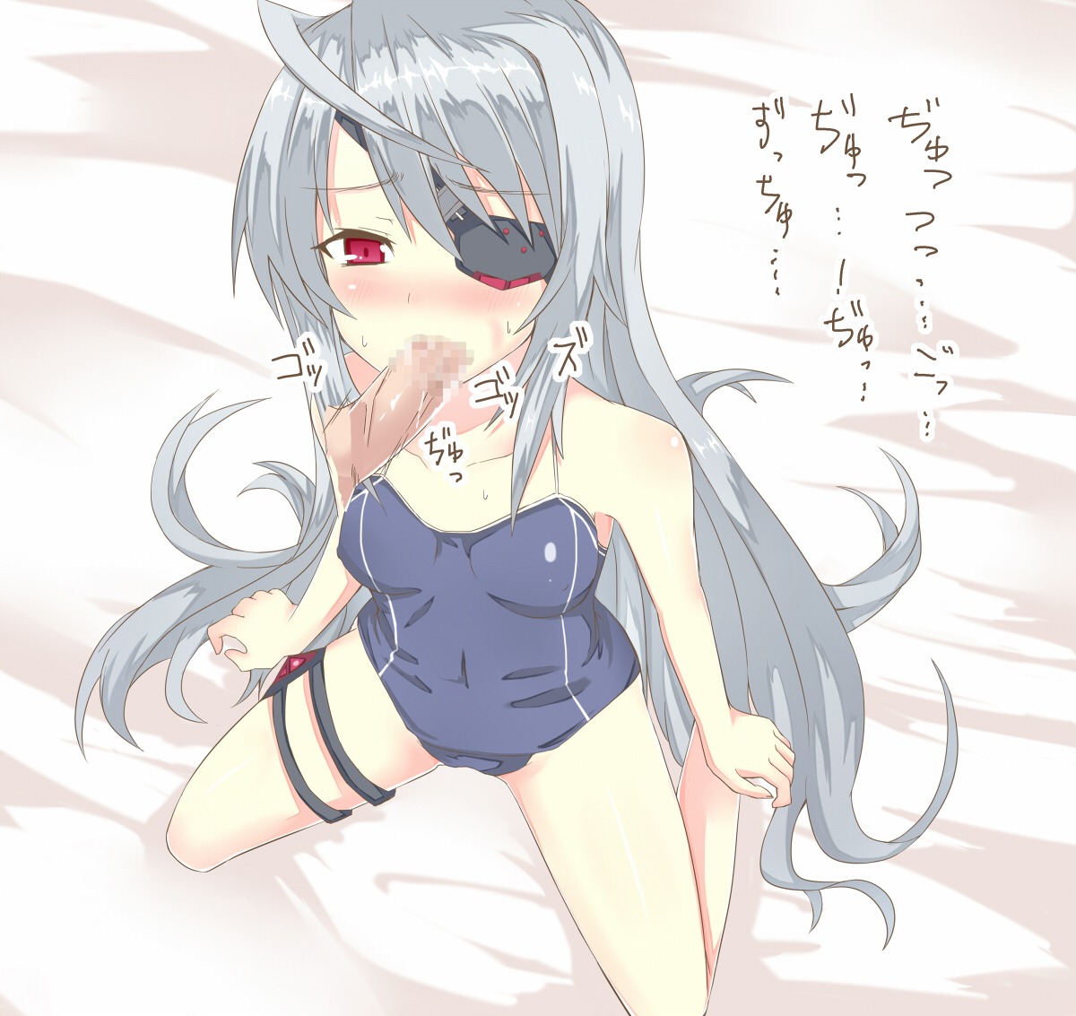 censored eye_patch fellatio infinite_stratos kneeling kurifuto laura_bodewig long_hair male oral penis red_eyes rule34 silver_hair translation_request