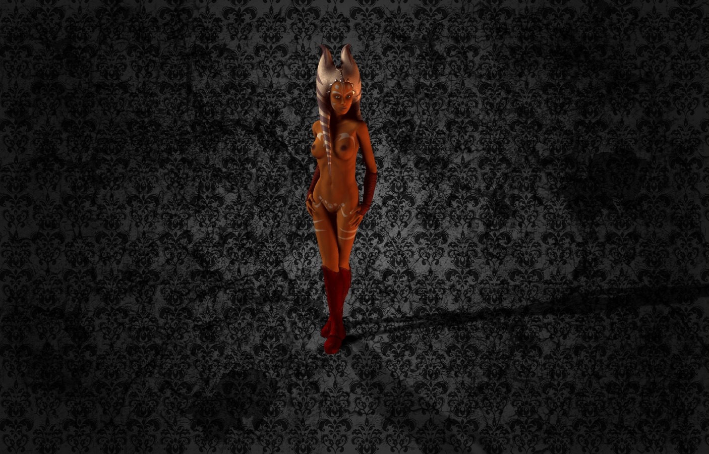 1girls 3d ahsoka_tano blue_eyes breasts clone_wars clone_wars_ahsoka_(aged_up) female female_focus female_only looking_at_viewer medium_breasts nipples nude pose pozerx pubic_markings rule34 simple_background skinny solo standing star_wars tagme togruta