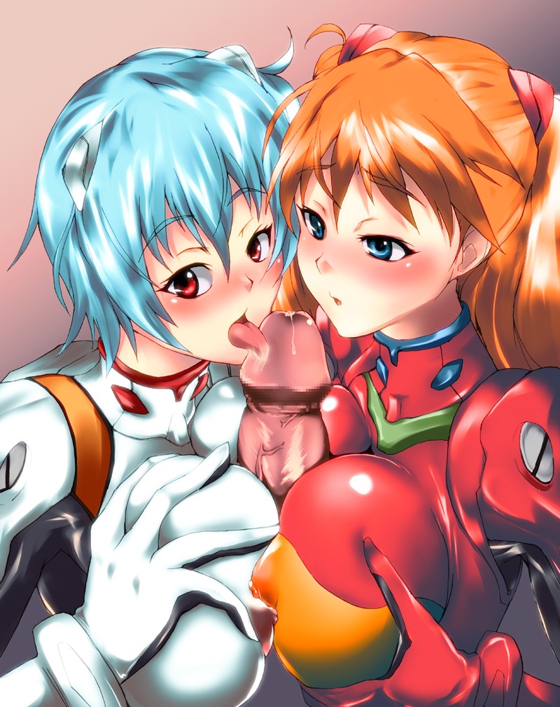 1boy 2girls artist_request asuka_langley_sohryu big_breasts blue_hair blush bodysuit breast_focus breasts busty clothing cock_worship erect_nipples erect_nipples_under_clothes female gainax huge_breasts human large_breasts light-skinned_female light_skin long_hair male neon_genesis_evangelion nipples orange_hair pale-skinned_female pale_skin penis pilot_suit plugsuit rei_ayanami rule34 sex short_hair tagme threesome